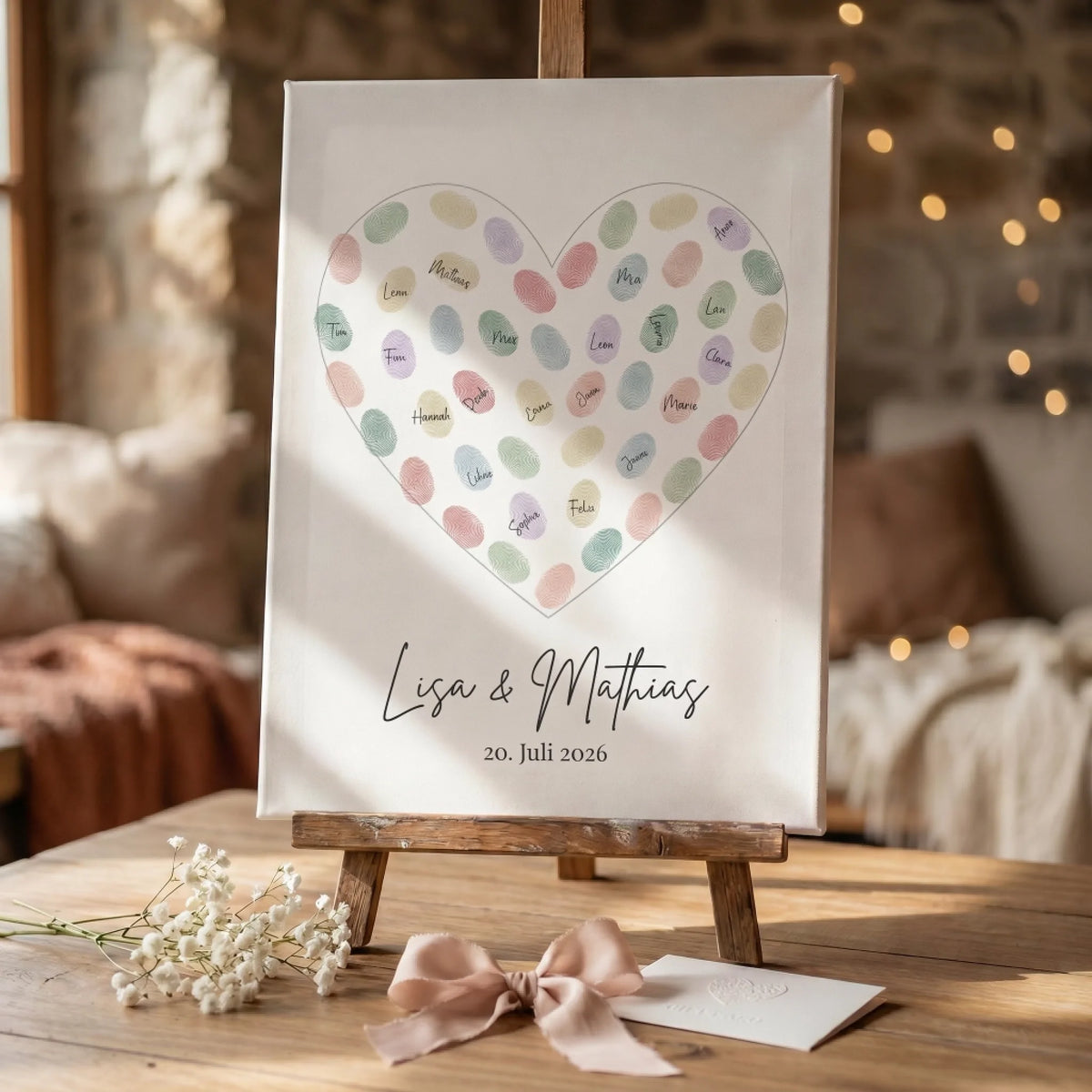 Gästebuch Hochzeit mit Herz aus bunten Fingerabdrücken, Namen und Datum auf einer Leinwand im Raum - Feed