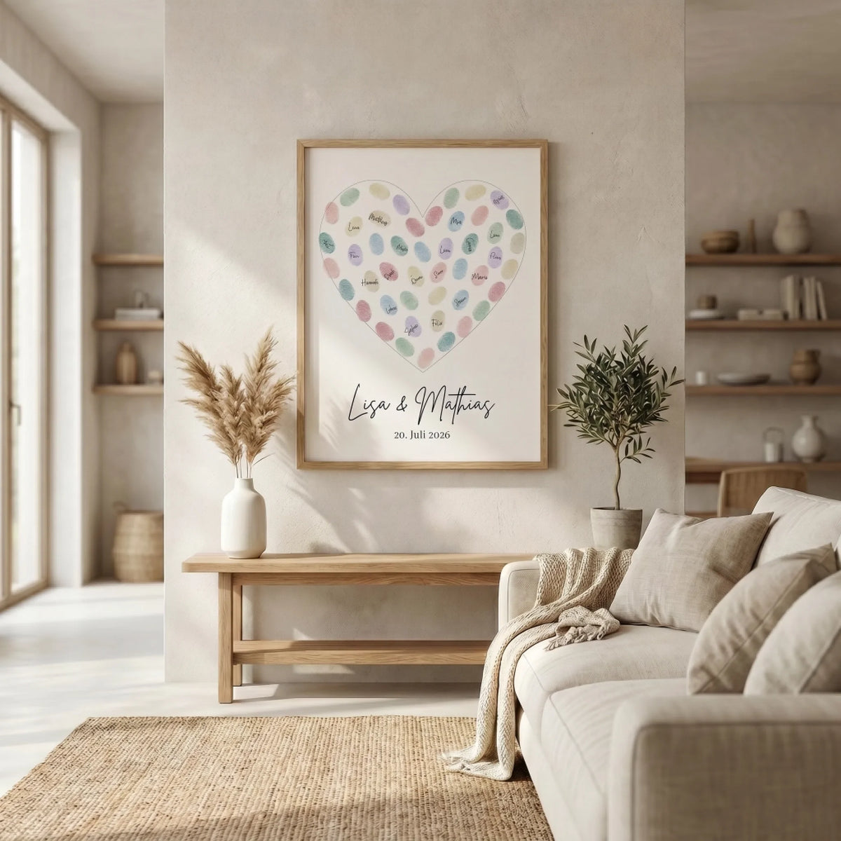 Personalisierte Poster als Gästebuch Hochzeit mit Herz aus bunten Fingerabdrücken, gerahmt an einer Wand - Feed