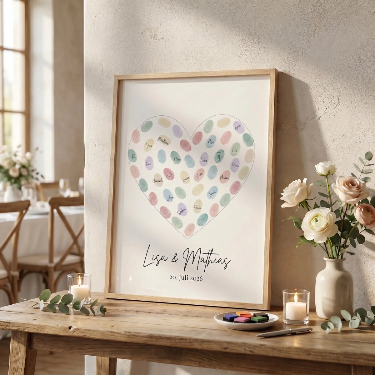 Personalisierte Poster mit Namen und Datum, Gästebuch Hochzeit im Bilderrahmen mit bunten Herzen und Unterschriften - Feed