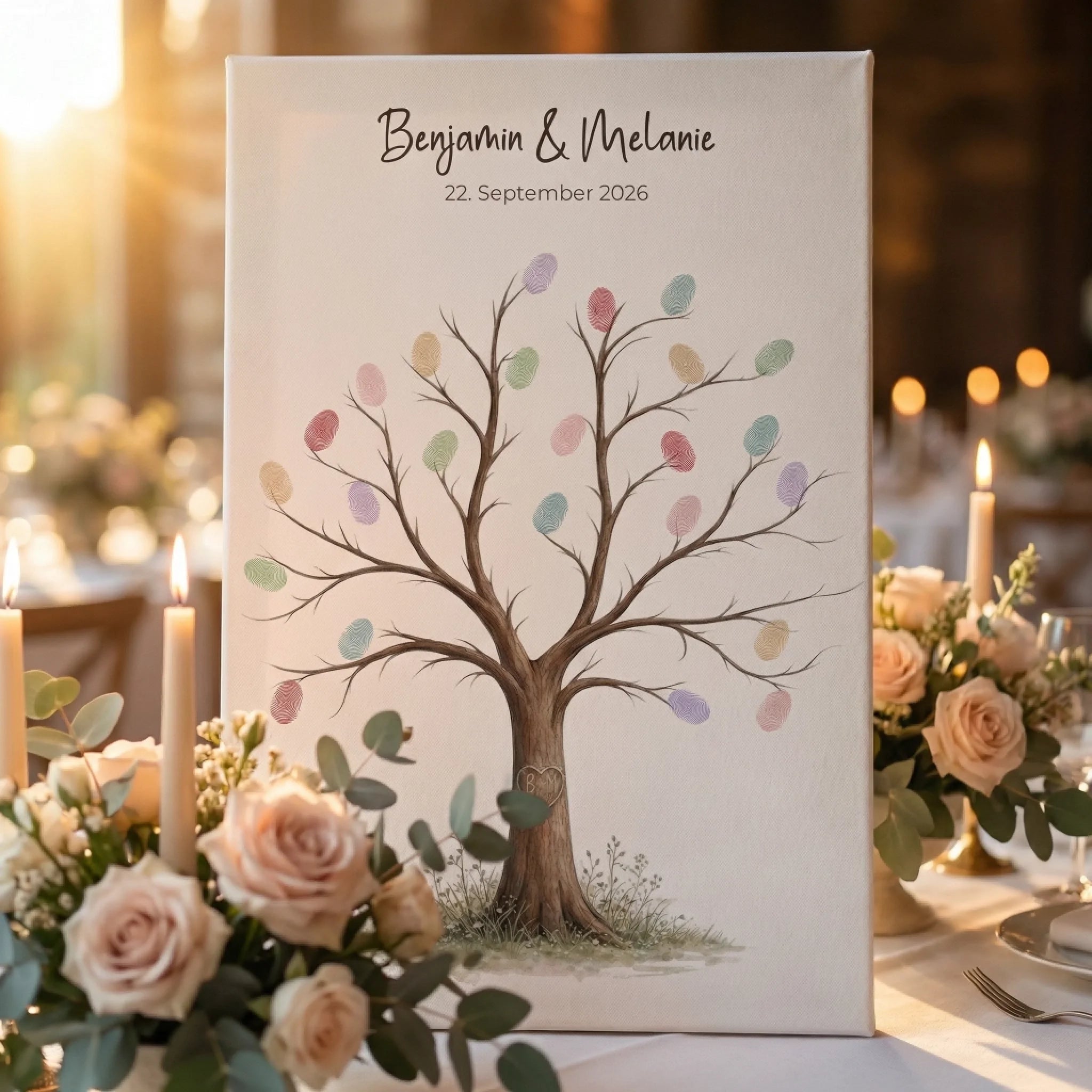 Fingerabdruck Gästebuch Hochzeit als Leinwand mit Fingerabdruck-Baum und bunten Blättern im warmen Licht Feed
