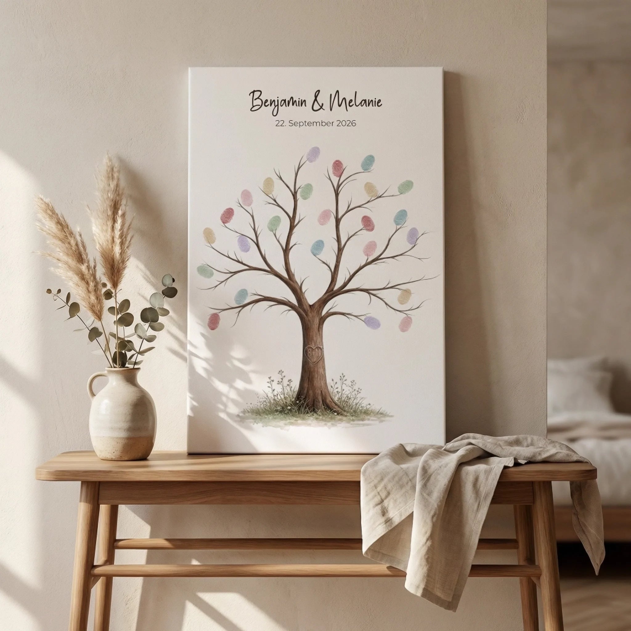 Fingerabdruck Gästebuch Hochzeit als Leinwand mit Fingerabdruck-Baum Motiv, Namen und Datum in Pastellfarben Feed