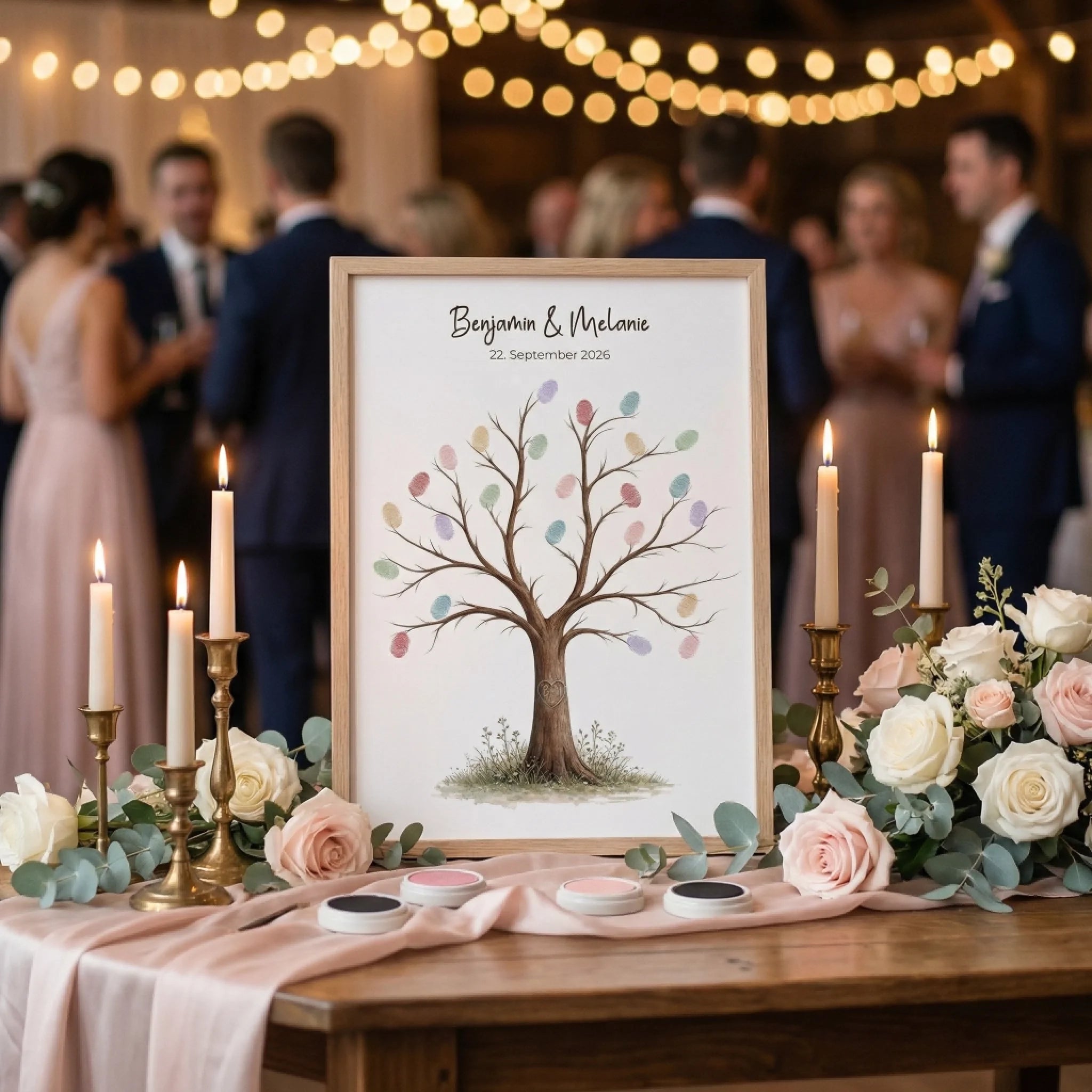 Fingerabdruck Gästebuch Hochzeit auf Leinwand mit Fingerabdruck-Baum Motiv, Namen und Datum im Holzrahmen Feed
