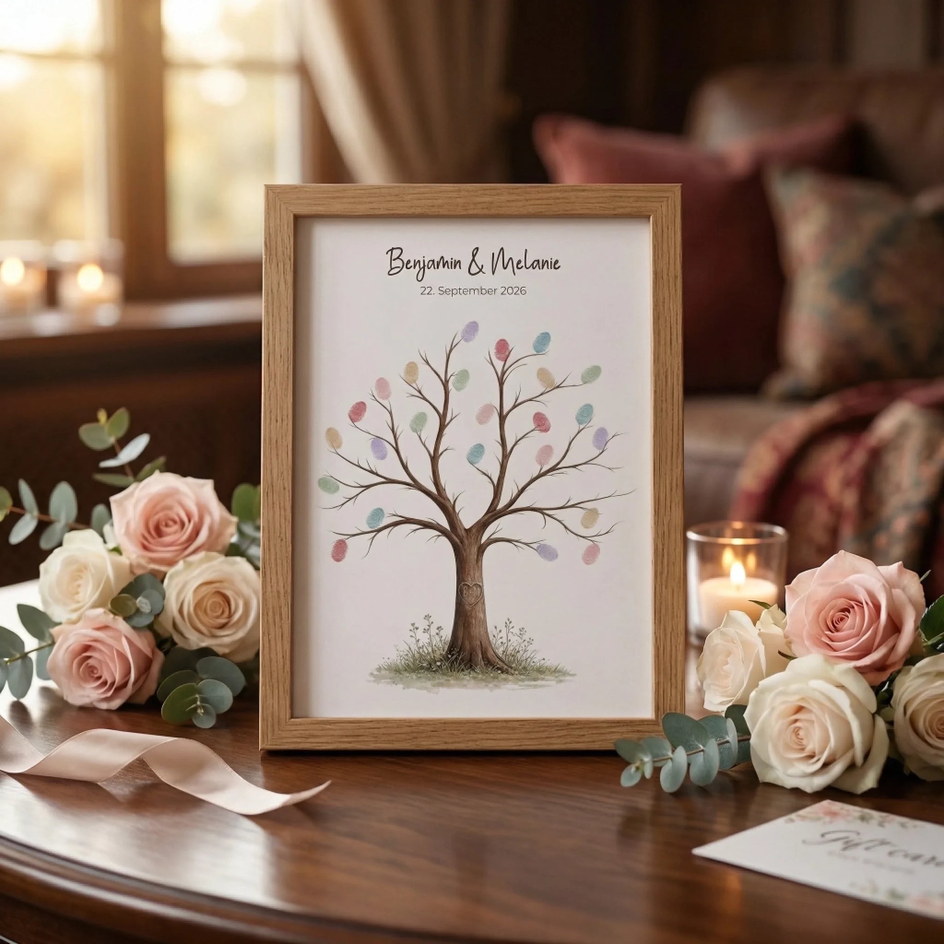 Personalisierte Gästebücher als Leinwand mit Fingerabdruck-Baum, Blumenblätter und Namen auf hellem Hintergrund Feed