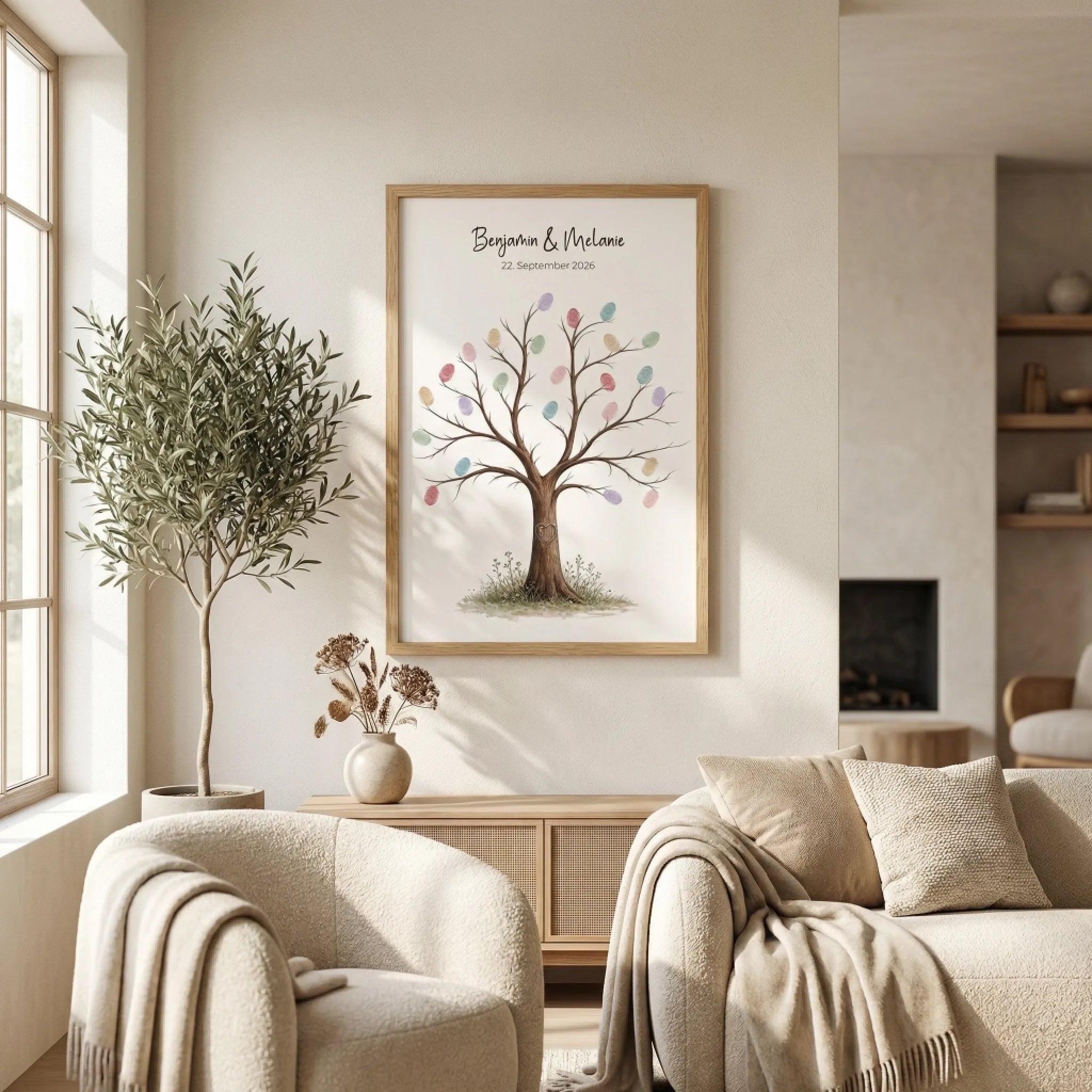 Fingerabdruck Gästebuch Hochzeit auf Leinwand mit Baum-Motiv, pastellfarbigen Blättern und Namen Feed