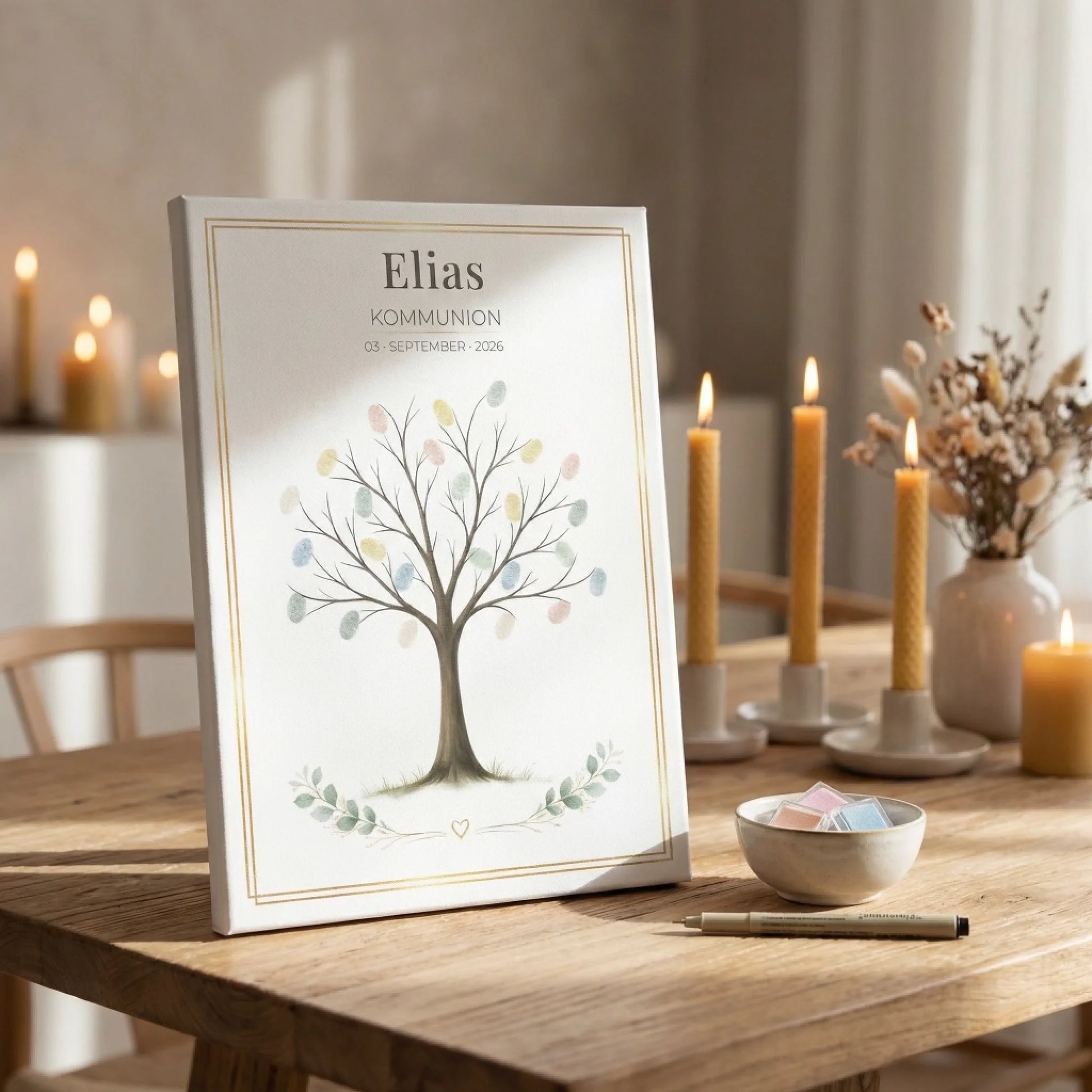 Gästebuch Hochzeit mit personalisierten Poster, Name Elias und Datum, Kerzen im Hintergrund - Feed