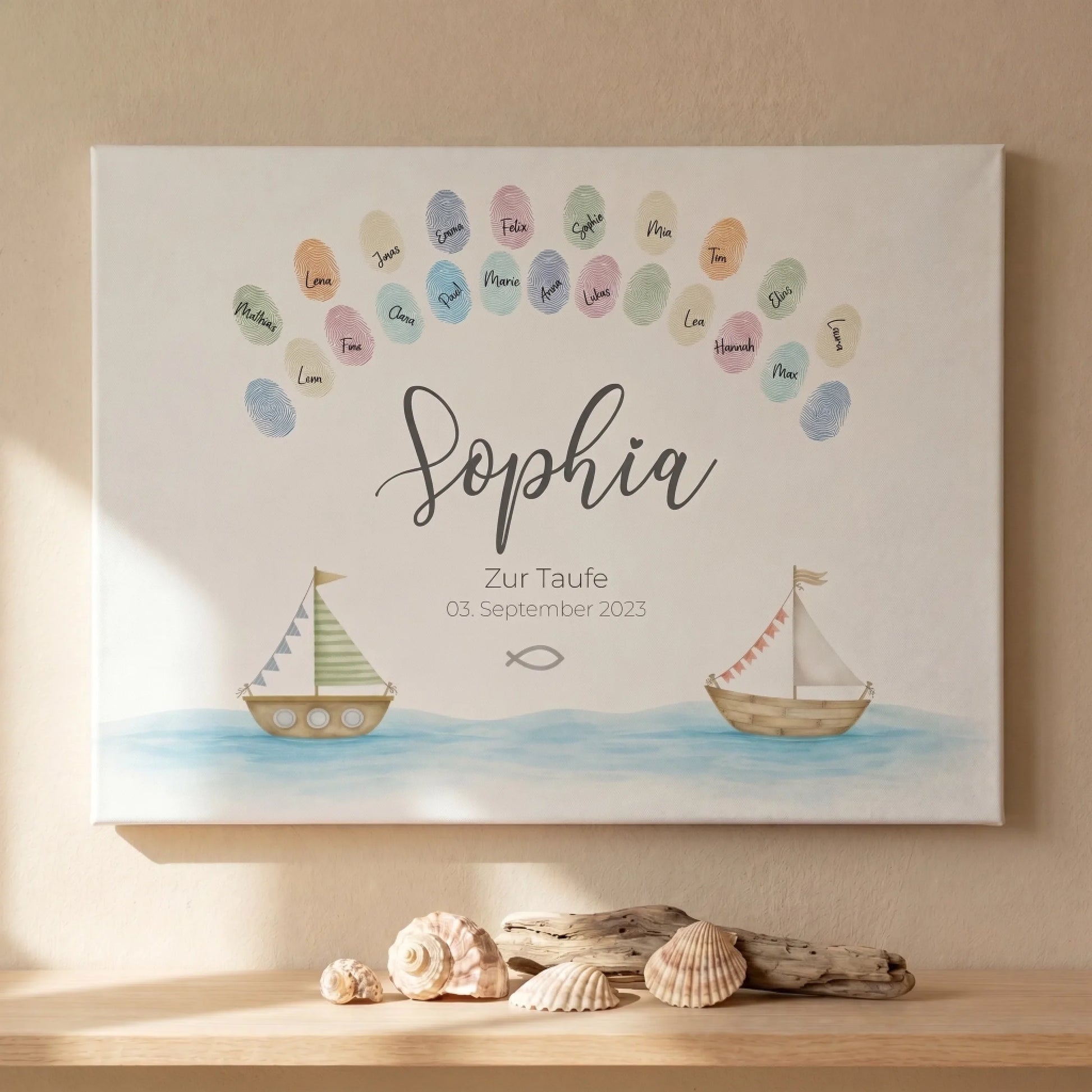Fingerabdruck Gästebuch Taufe Schiff, lovely Art, Leinwand mit Namen und Datum, Personalisierte Gästebücher