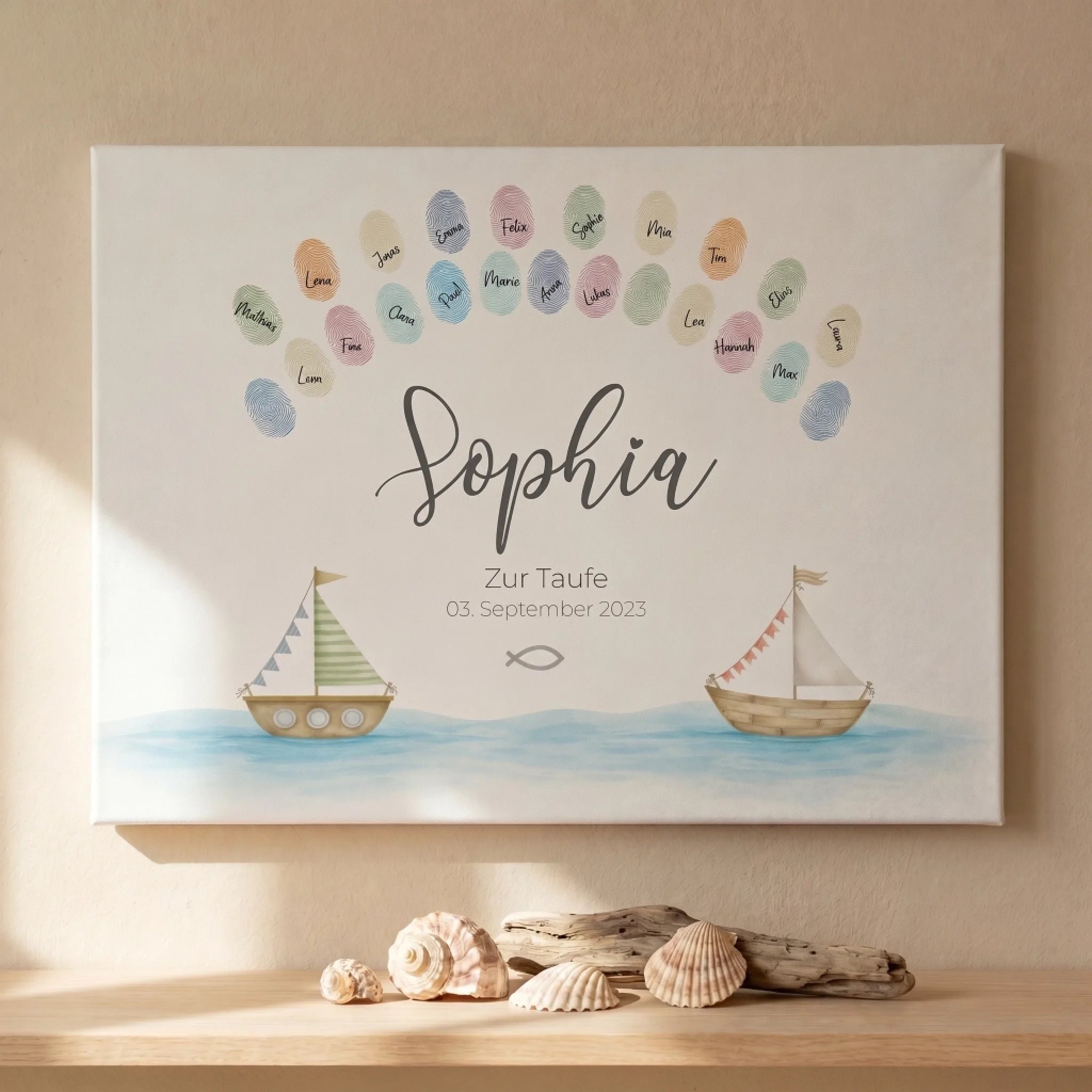 Fingerabdruck Gästebuch Taufe Schiff, lovely Art, Leinwand mit Namen und Datum, Personalisierte Gästebücher