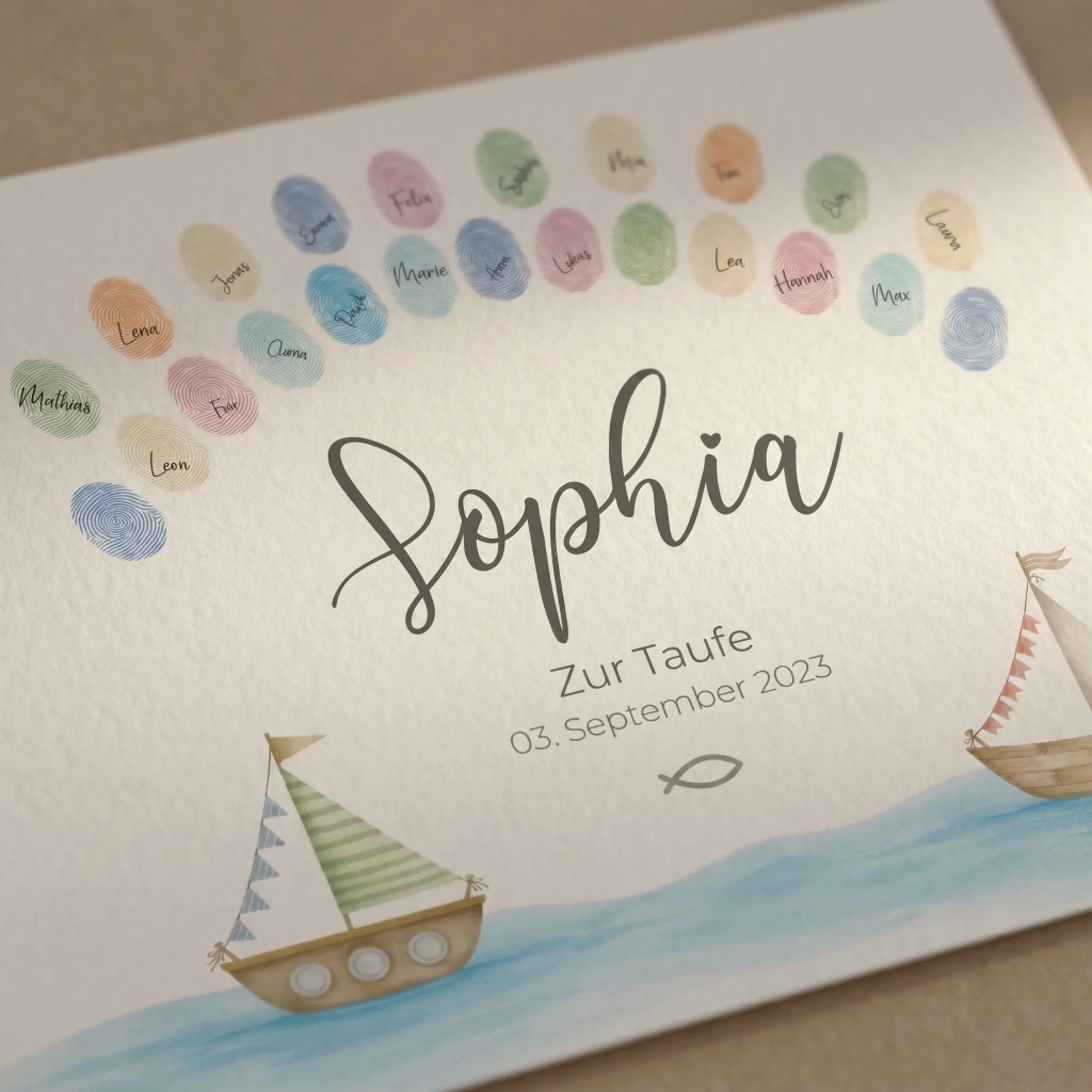 Gästebuch zur Taufe mit Fingerabdruck-Design, maritimes Schiffsmotiv, personalisierte Poster und Namen Feed