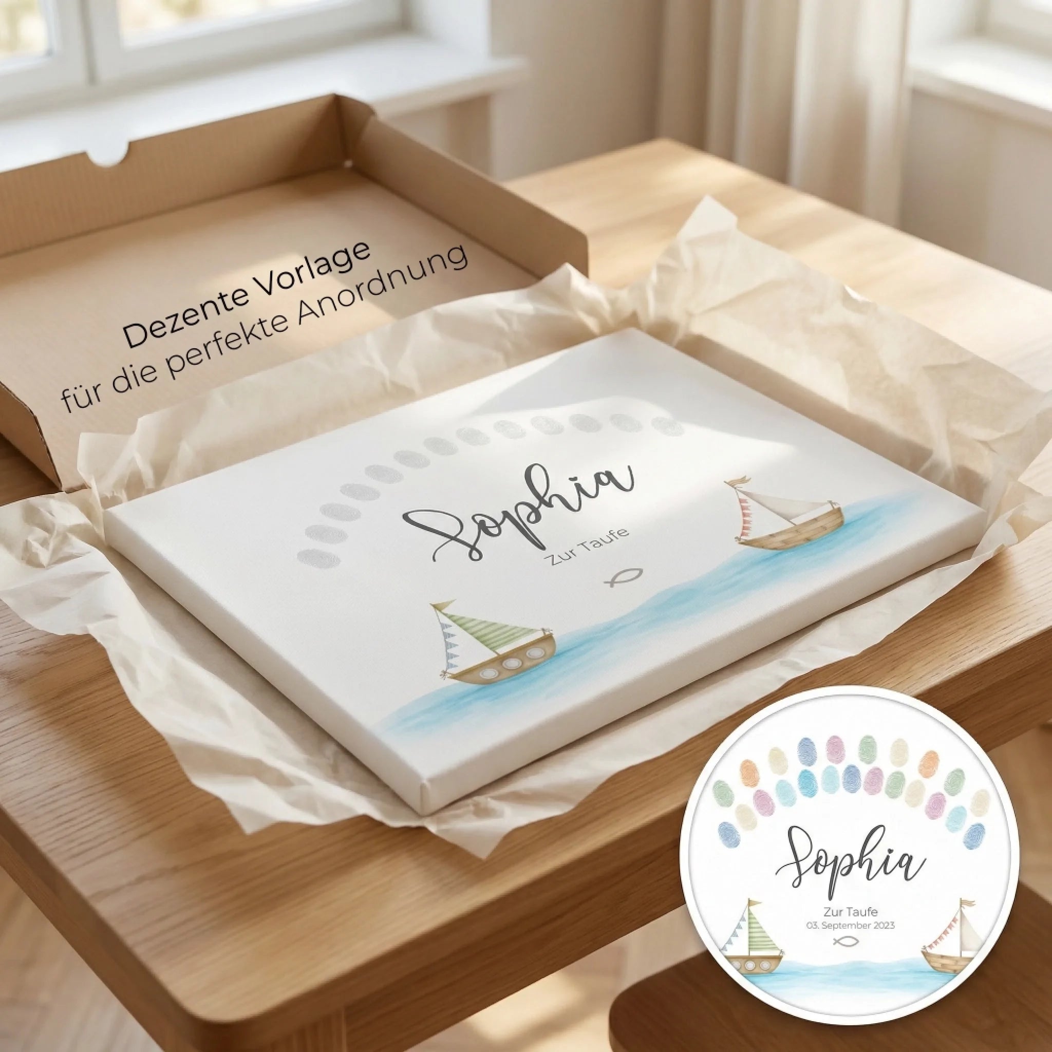 Gästebuch Hochzeit in maritimen Farben mit Fingerabdruck-Design auf Leinwand, Geschenkbox im Detail Feed