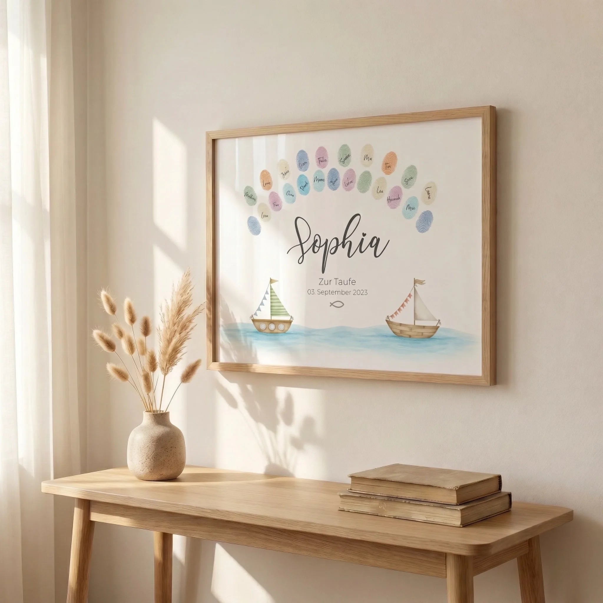 Gästebuch Hochzeit mit Fingerabdruck-Design auf Leinwand, maritimes Schiffsmotiv im Rahmen, beige Feed