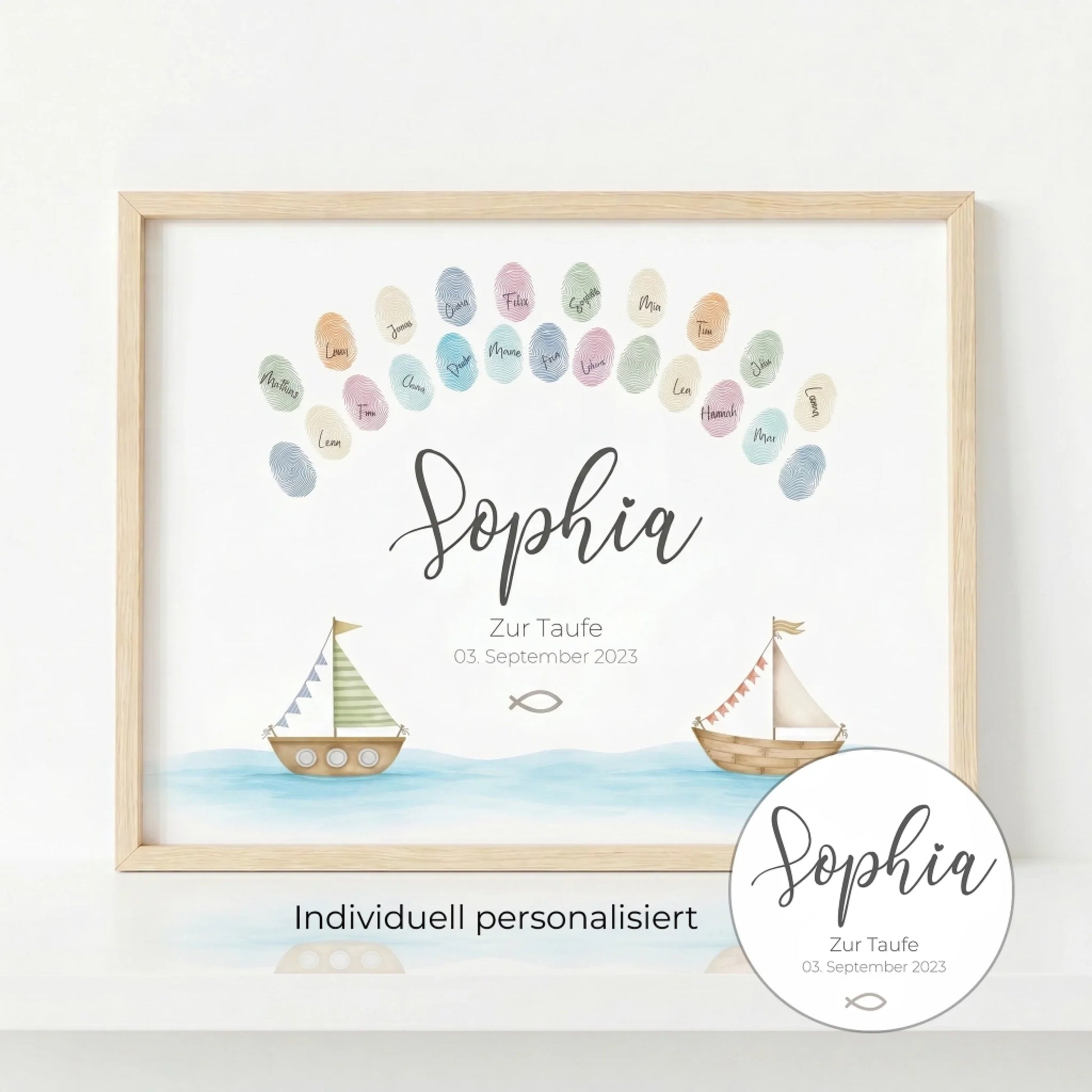 Fingerabdruck Gästebuch Taufe Schiff individuell gestaltet von lovely Art, Poster ohne Rahmen mit Fingerabdruck Gästebuch