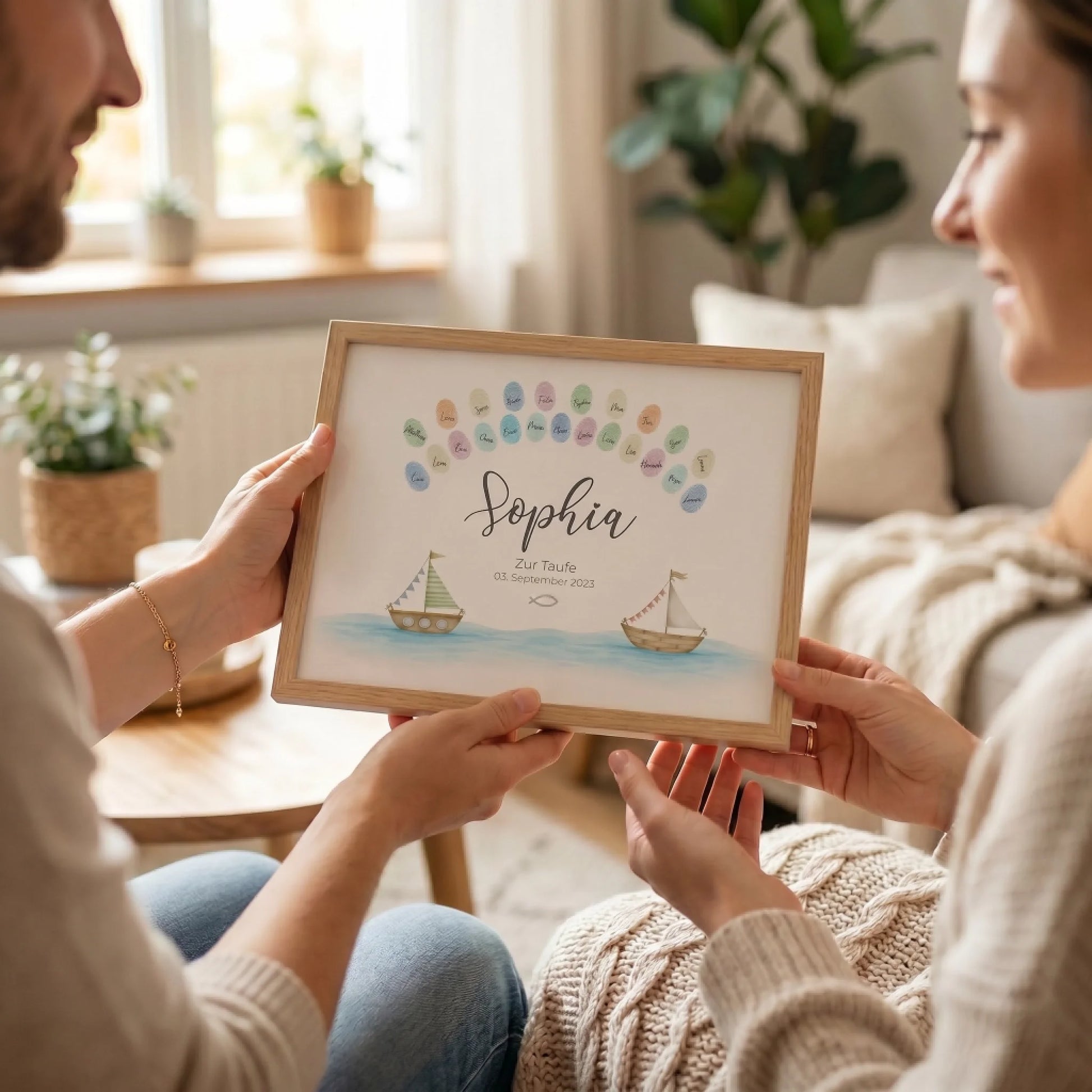 Fingerabdruck Gästebuch Taufe Schiff individuell gestaltet von lovely Art als Leinwand mit Fingerabdruck Gästebuch