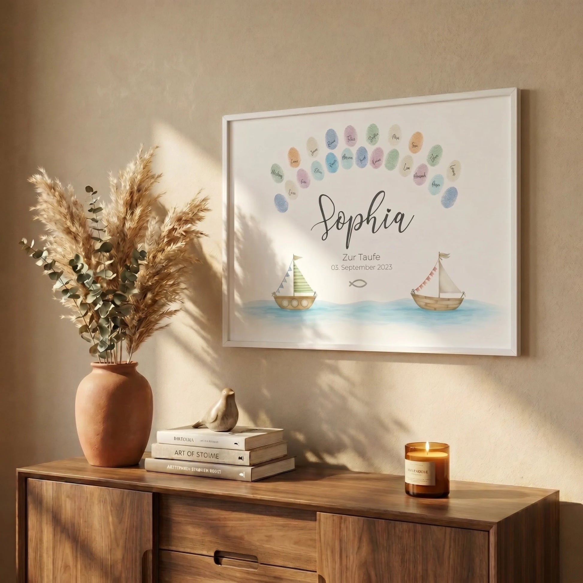 Fingerabdruck Gästebuch Taufe Schiff individuell gestaltet von lovely Art, Leinwand, Fingerabdruck Gästebuch