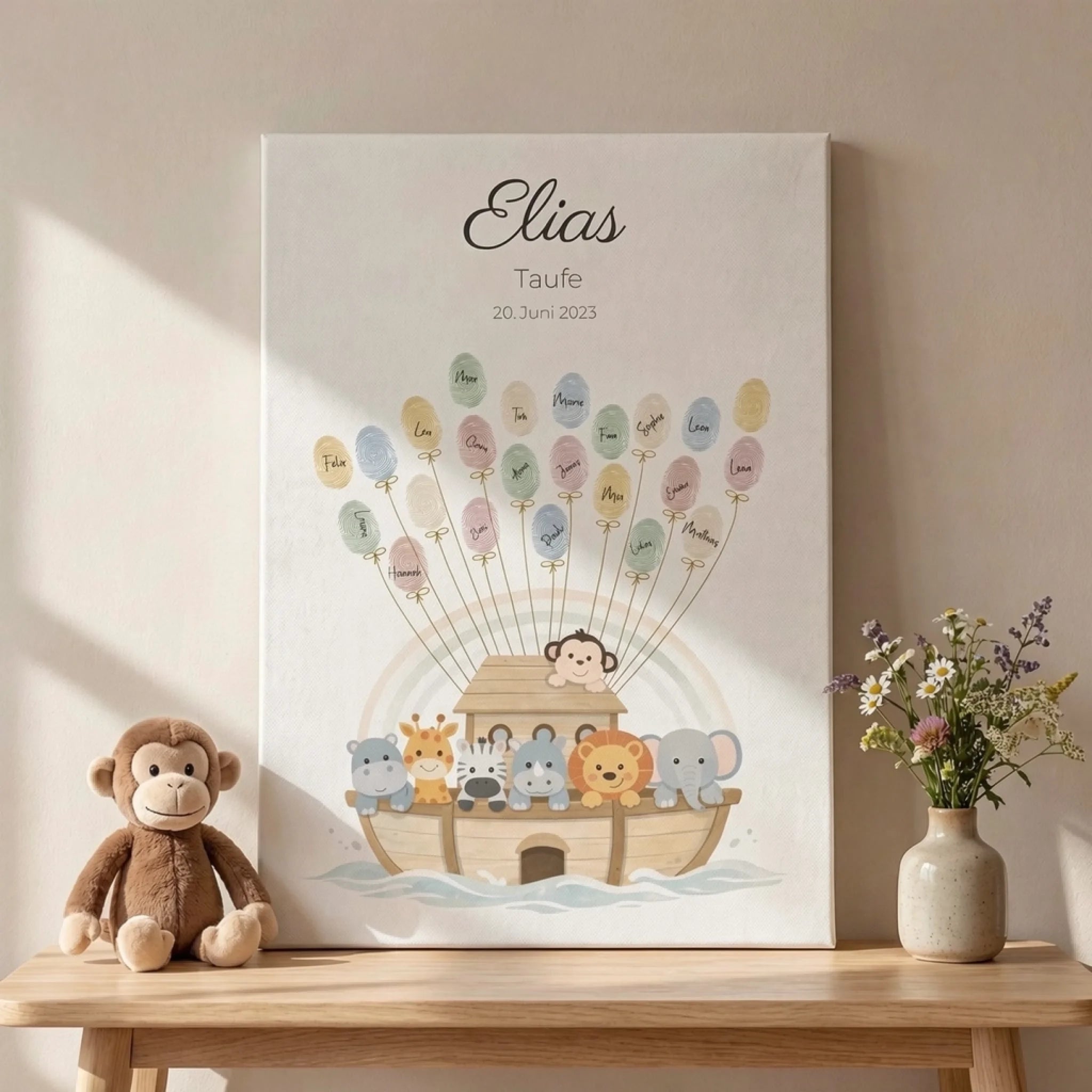 Fingerabdruck Gästebuch Taufe Arche Noah individuell gestaltet von lovely Art, Leinwand mit Fingerabdruck Gästebuch