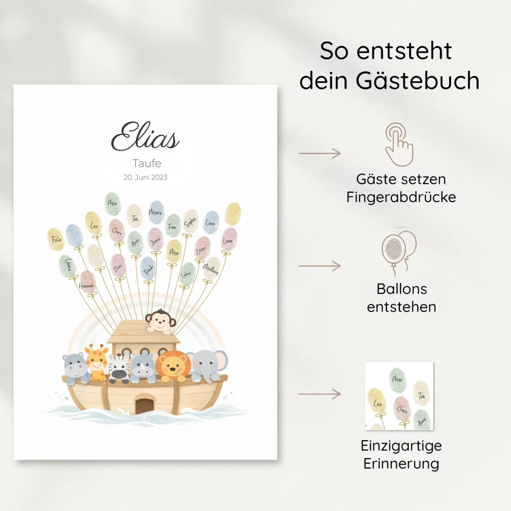Fingerabdruck Gästebuch Taufe Arche Noah individuell gestaltet von lovely Art, Fingerabdruck Gästebuch mit Tiermotiv