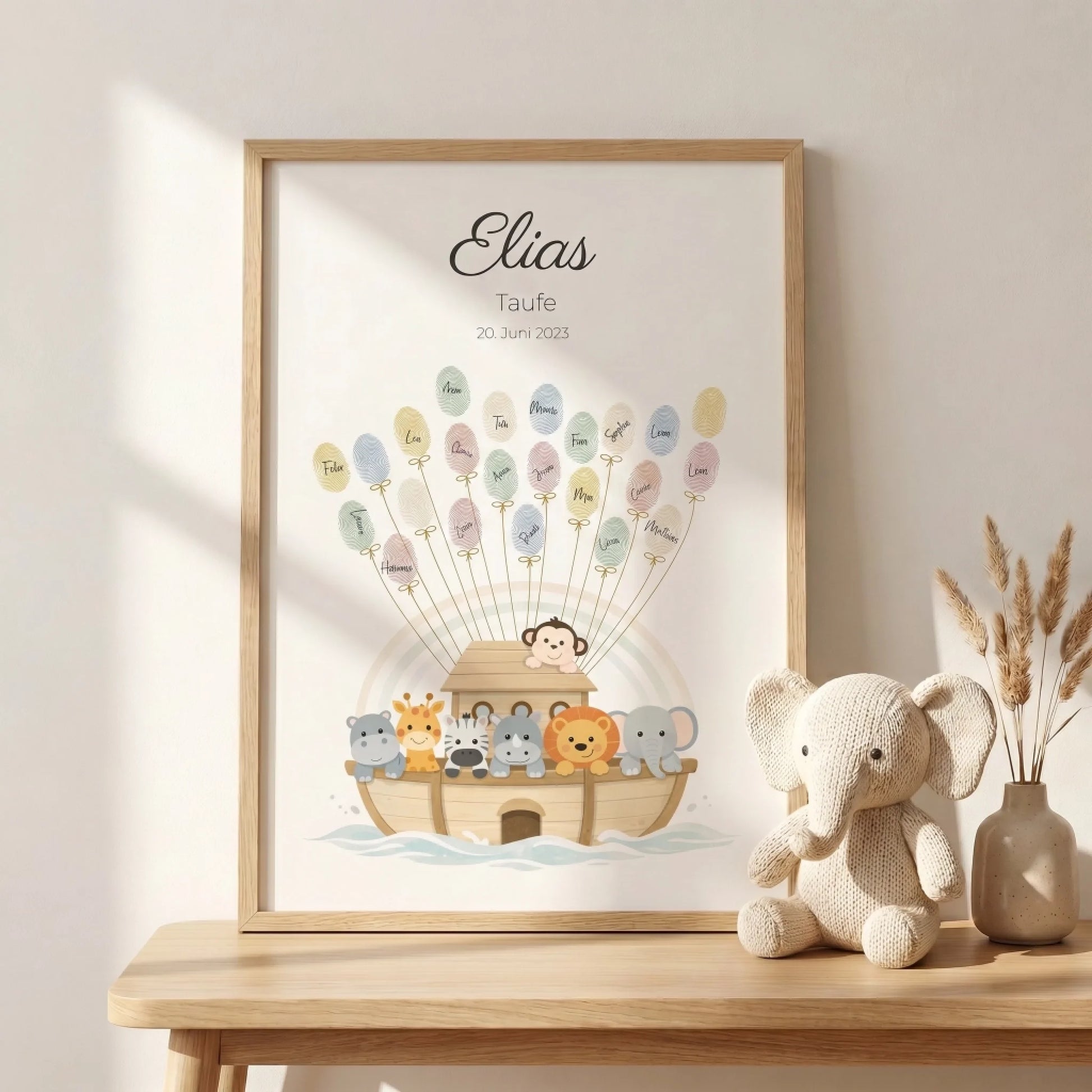 Fingerabdruck Gästebuch Taufe Arche Noah individuell gestaltet von lovely Art als Leinwand mit Fingerabdruck Gästebuch