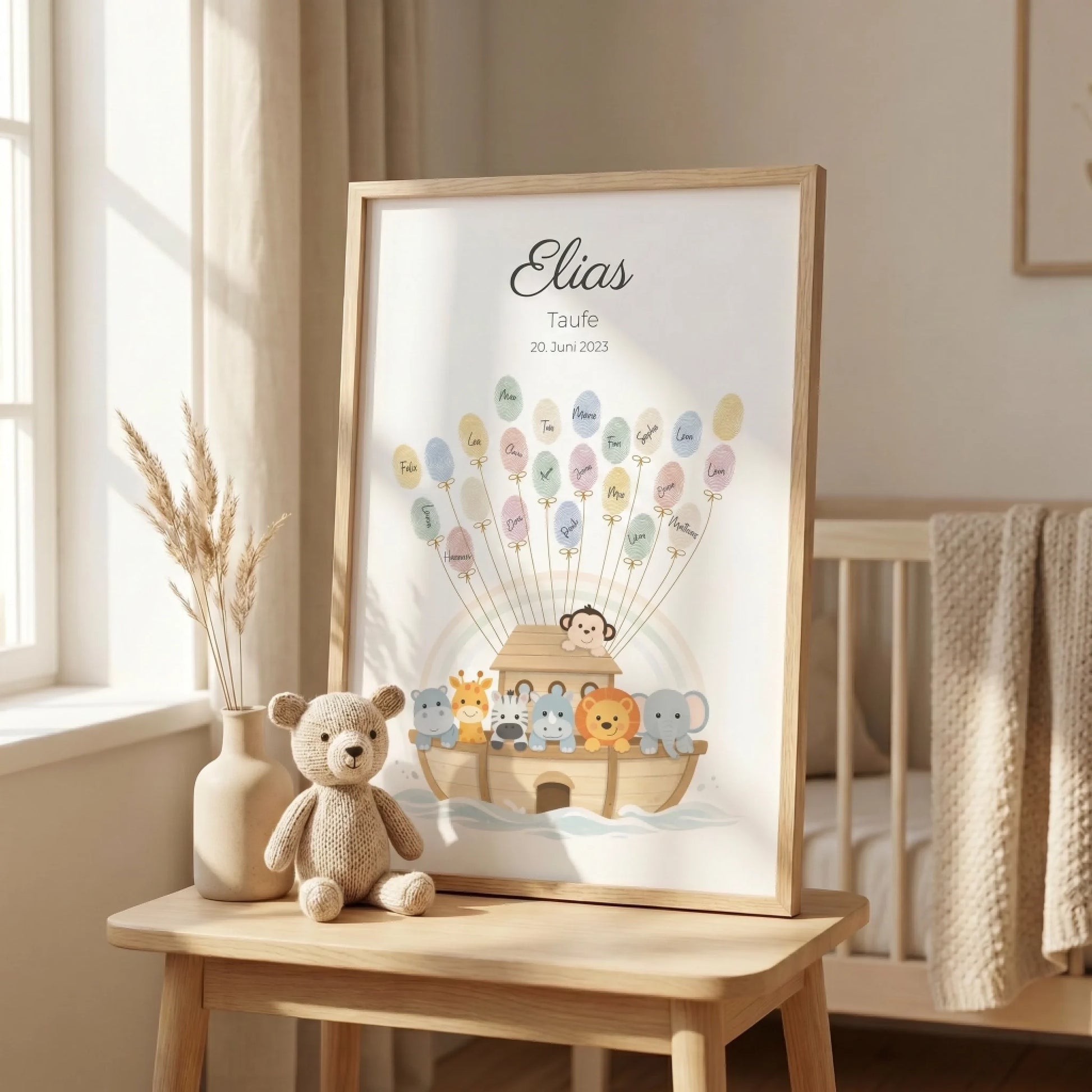 Fingerabdruck Gästebuch Taufe Arche Noah individuell gestaltet von lovely Art als Leinwand mit Fingerabdruck Gästebuch
