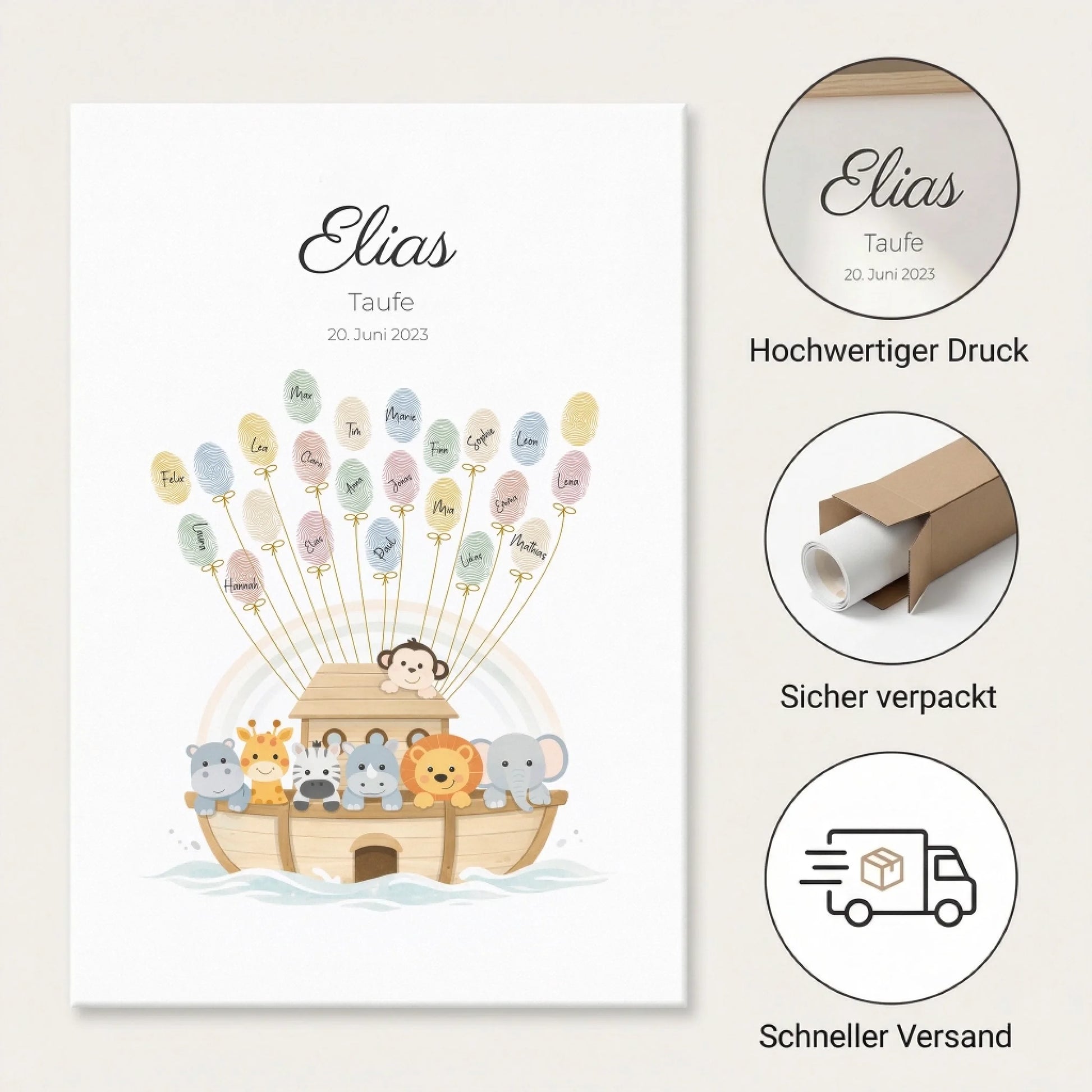 Fingerabdruck Gästebuch Taufe Arche Noah individuell gestaltet von lovely Art, Leinwand mit personalisiertem Fingerabdruck