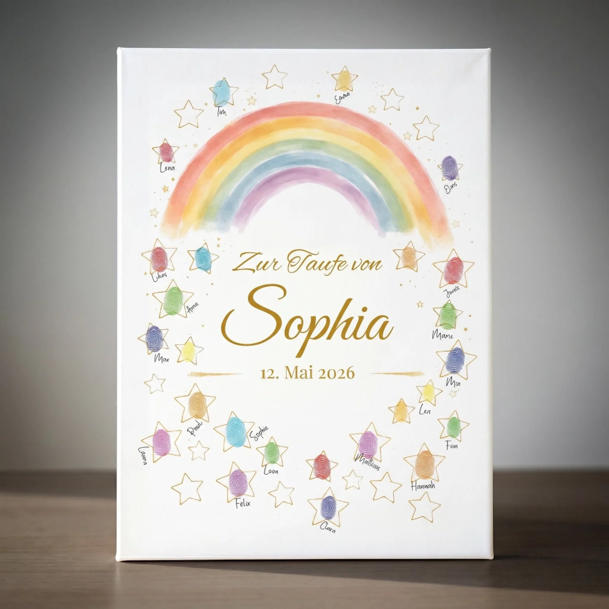 Personalisierte Poster mit Regenbogen und Sternen, Aufschrift Zur Taufe von Sophia und Datum 12. Mai 2026
