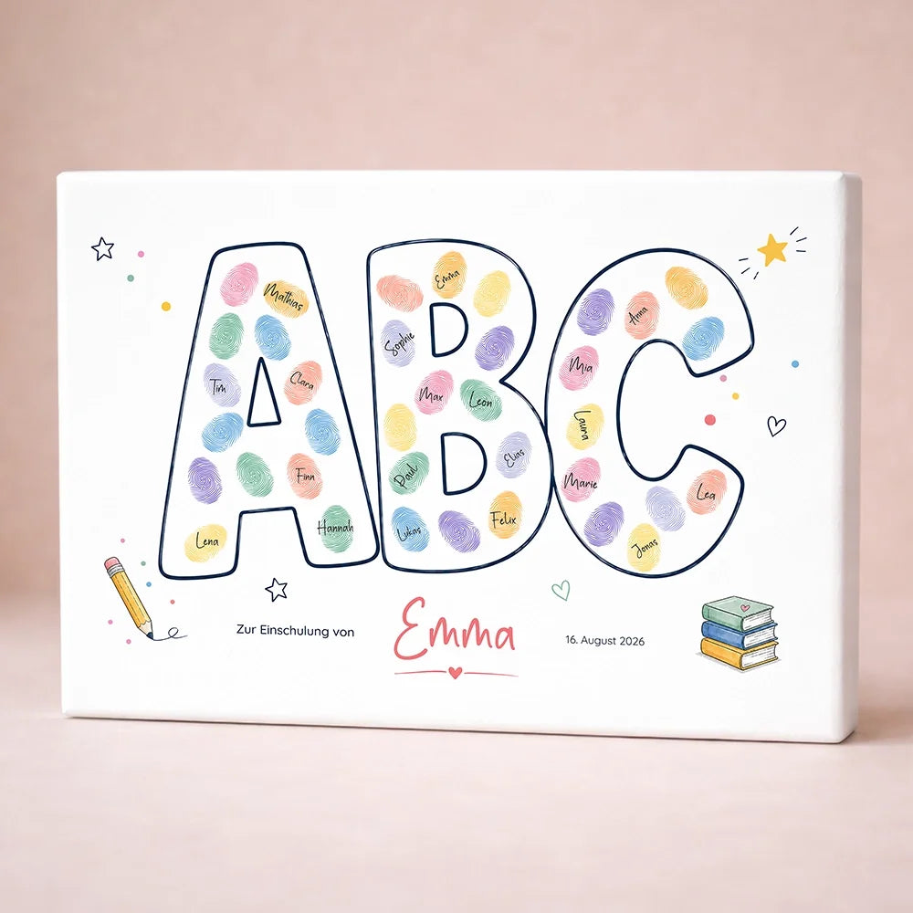 Personalisierte Poster zur Einschulung mit Namen und Datum, Fingerabdruck Gästebuch auf weißer Leinwand