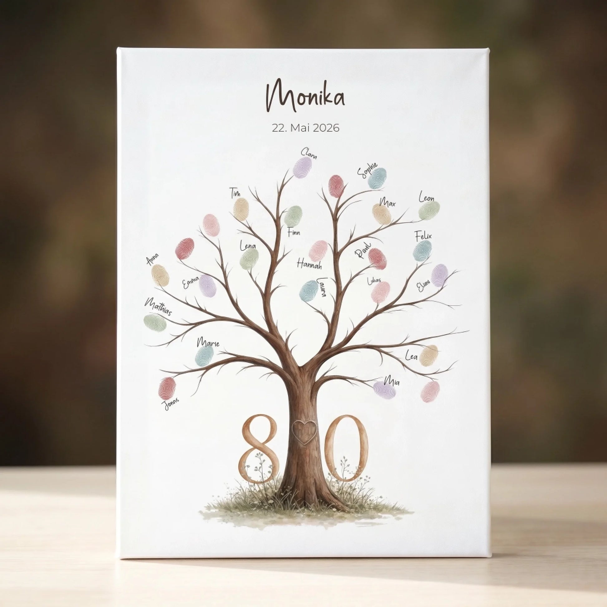 Personalisierte Gästebücher als Fingerabdruck Gästebuch mit Baum Motiv auf weißer Leinwand, Name und Datum