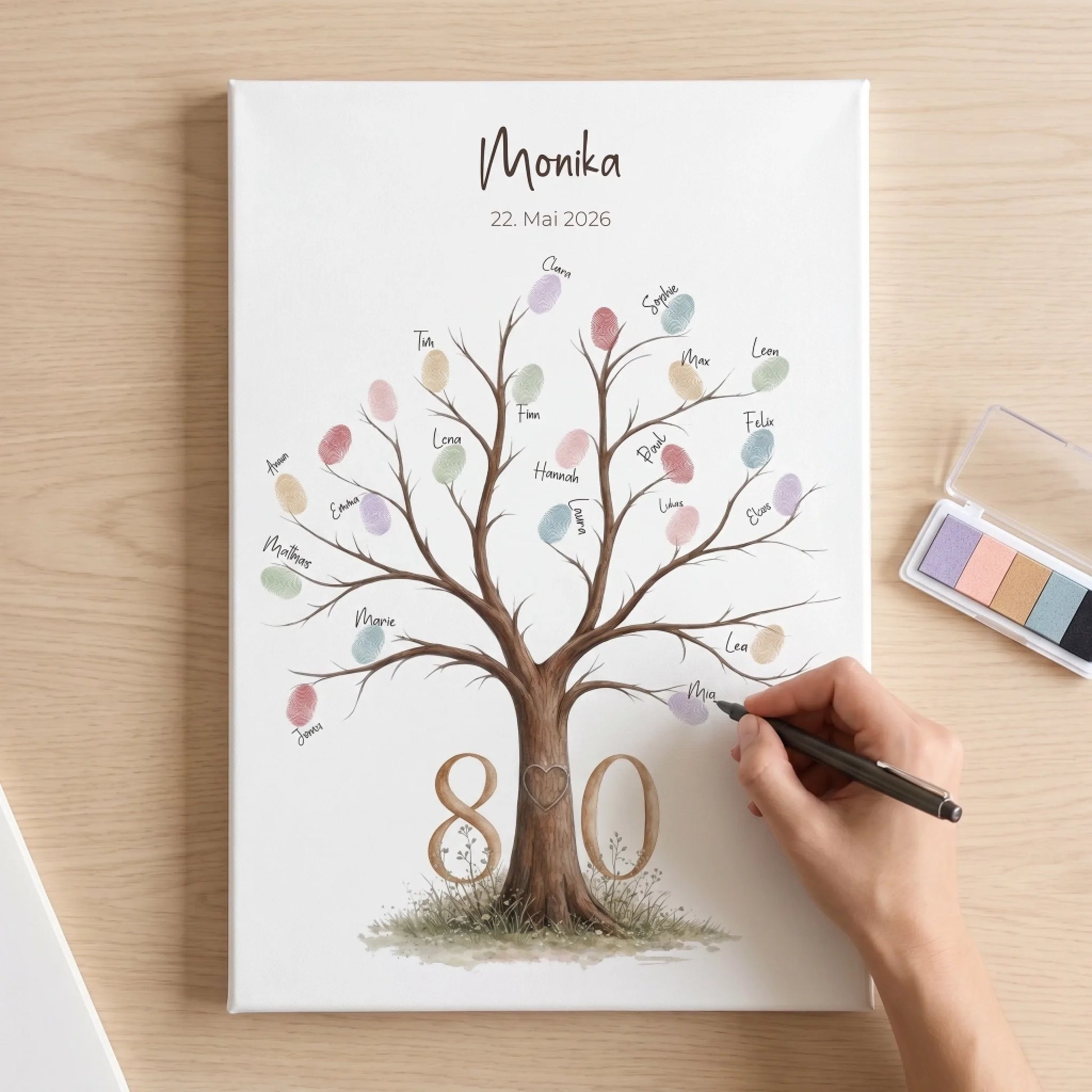 Personalisierte Gästebücher auf weißer Leinwand mit Fingerabdruck Gästebuch Motiv vom Baum mit bunten Blättern Feed