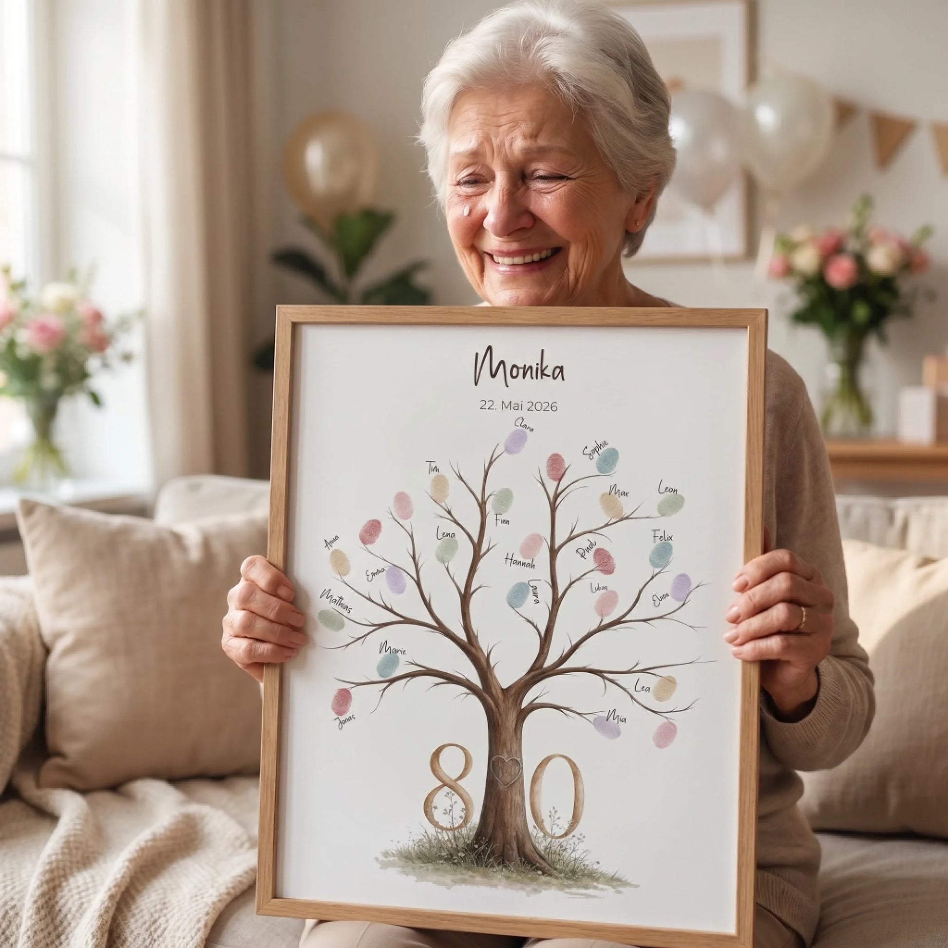 Personalisierte Poster mit Fingerabdruck Gästebuch, Baum mit Namenseinträgen und Datumszeile auf Leinwand