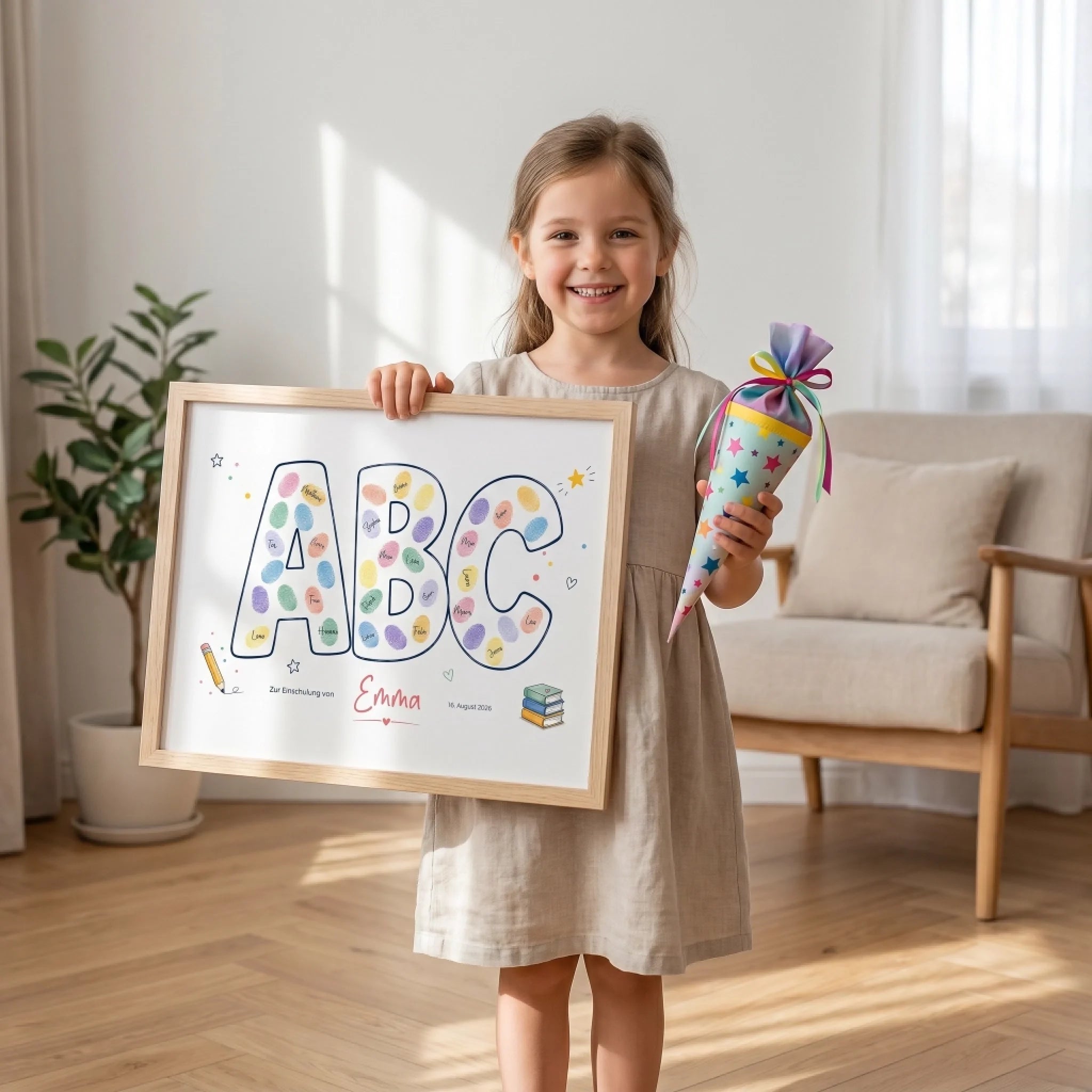 Personalisiertes Fingerabdruck Gästebuch zur Einschulung – ABC Poster zum Schulanfang mit Name & Datum