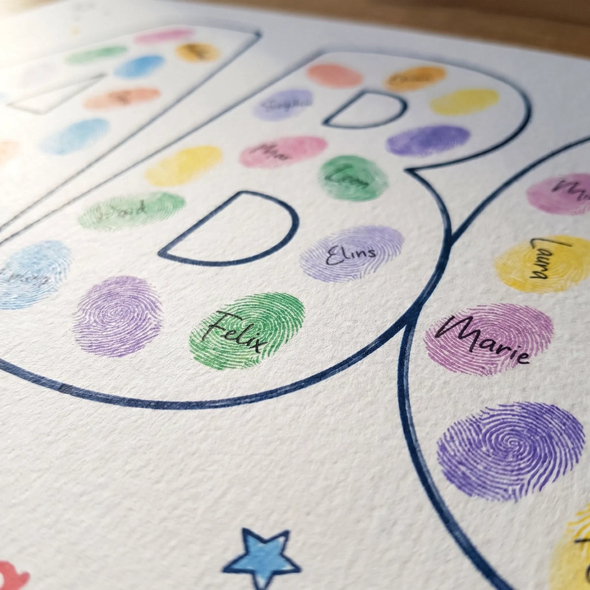 Personalisierte Gästebücher mit Fingerabdruck Motiven und handschriftlichen Namen in bunten Kreisen - Feed