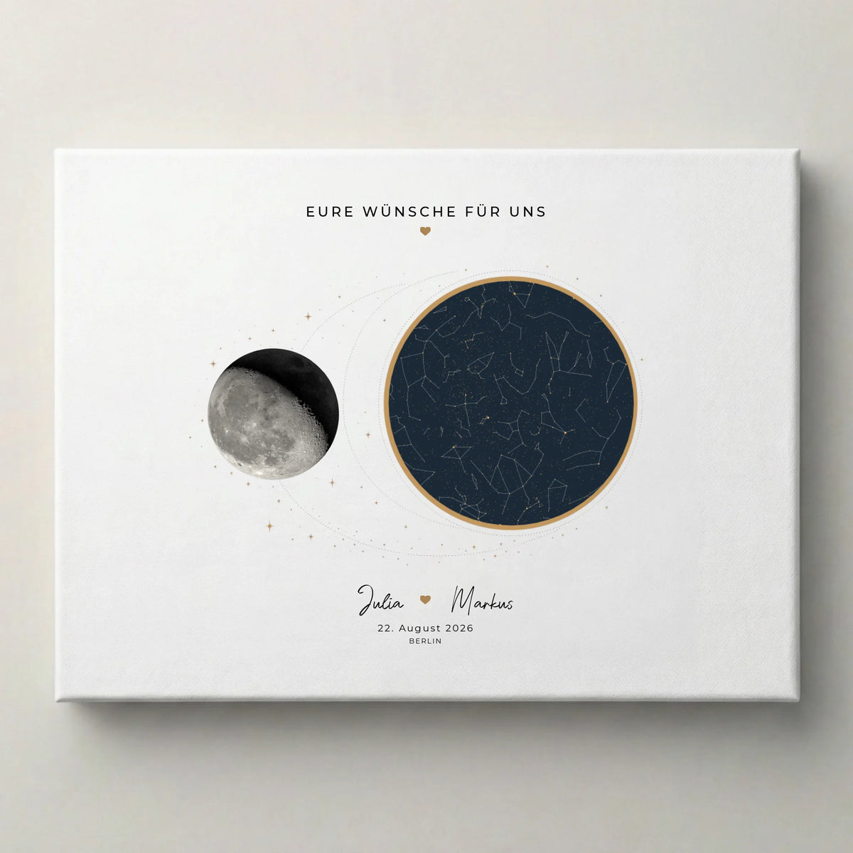 Personalisierte Poster mit Text EURE WÜNSCHE FÜR UNS, Sternenhimmel, Mond und Unterschriften auf weißem Hintergrund