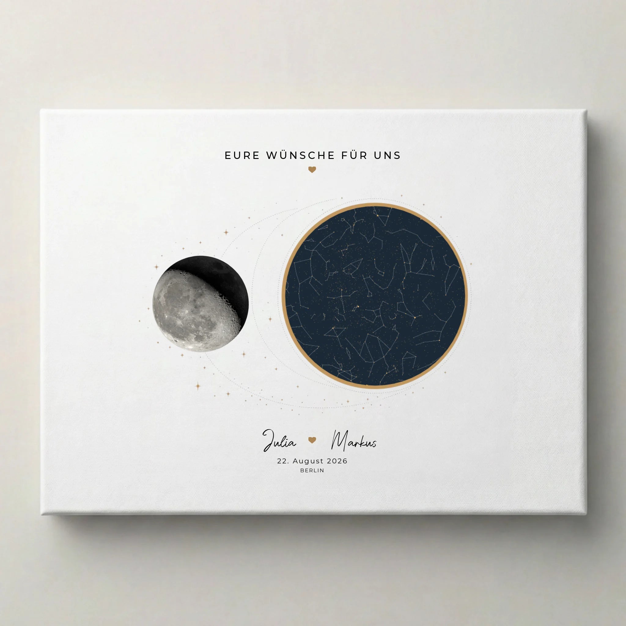 Personalisierte Poster mit Text EURE WÜNSCHE FÜR UNS, Sternenhimmel, Mond und Unterschriften auf weißem Hintergrund
