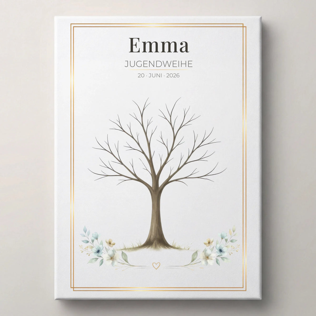 Personalisierte Poster mit Namen und Datum, Gästebuch Hochzeit, mit goldener Rahmenlinie und Baumillustration