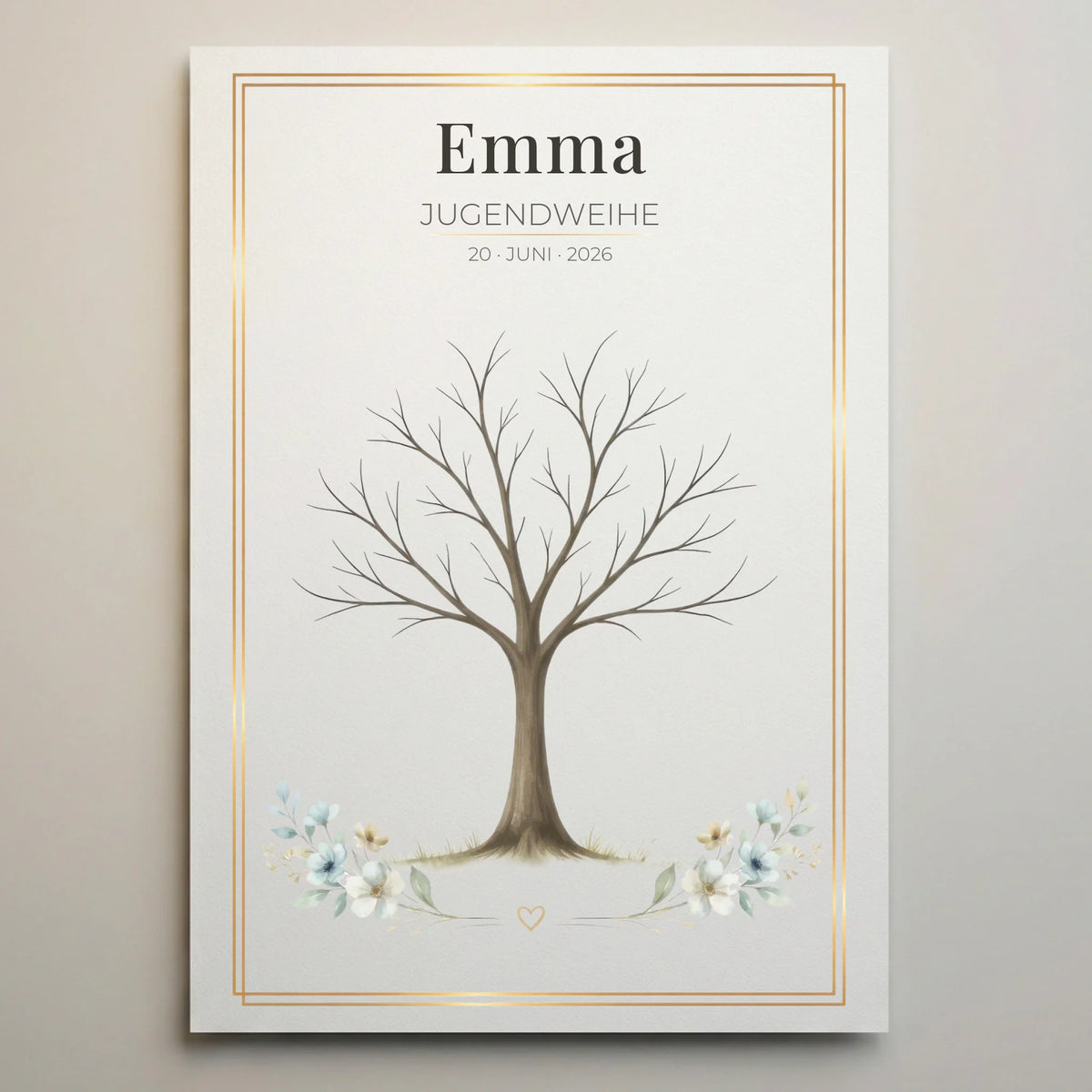 Personalisierte Poster mit Namen und Datum, Emmas Jugendweihe am 20. Juni 2026, mit Baum und Blumen