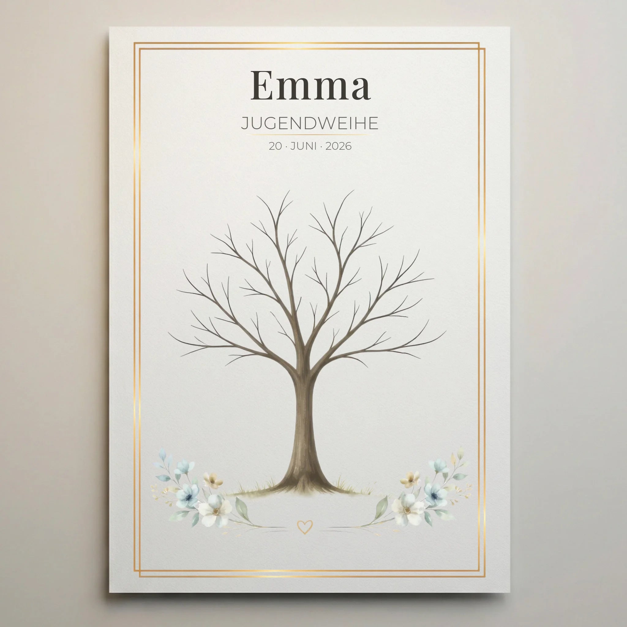 Personalisierte Poster mit Namen und Datum, Emmas Jugendweihe am 20. Juni 2026, mit Baum und Blumen
