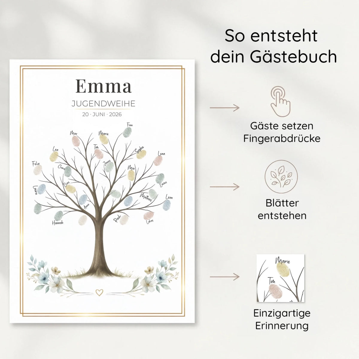 Personalisierte Gästebücher mit Fingerabdruck Gästebuch, Name Emma und Datum 20. Juni 2026 im Rahmen