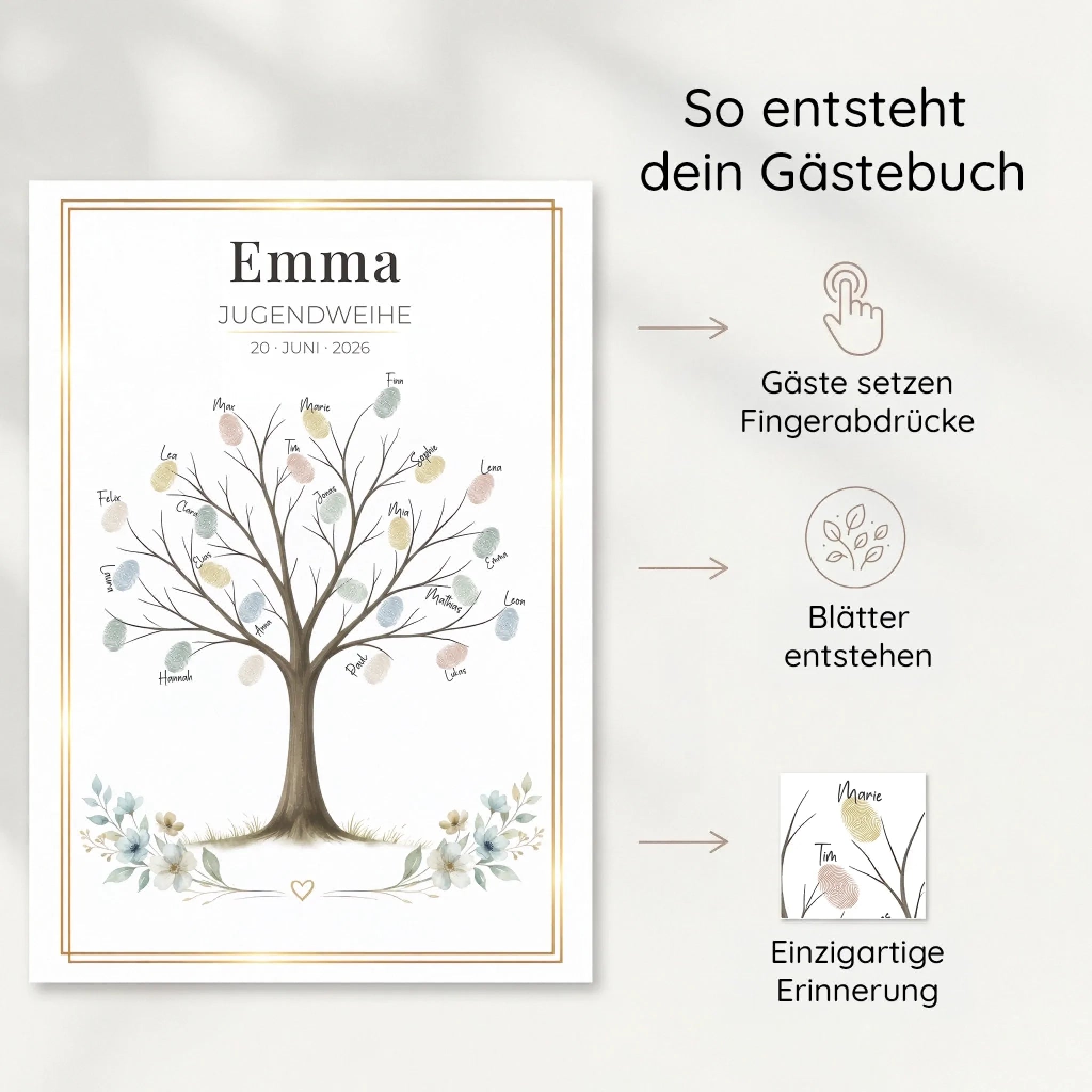 Personalisierte Gästebücher mit Fingerabdruck Gästebuch, Name Emma und Datum 20. Juni 2026 im Rahmen