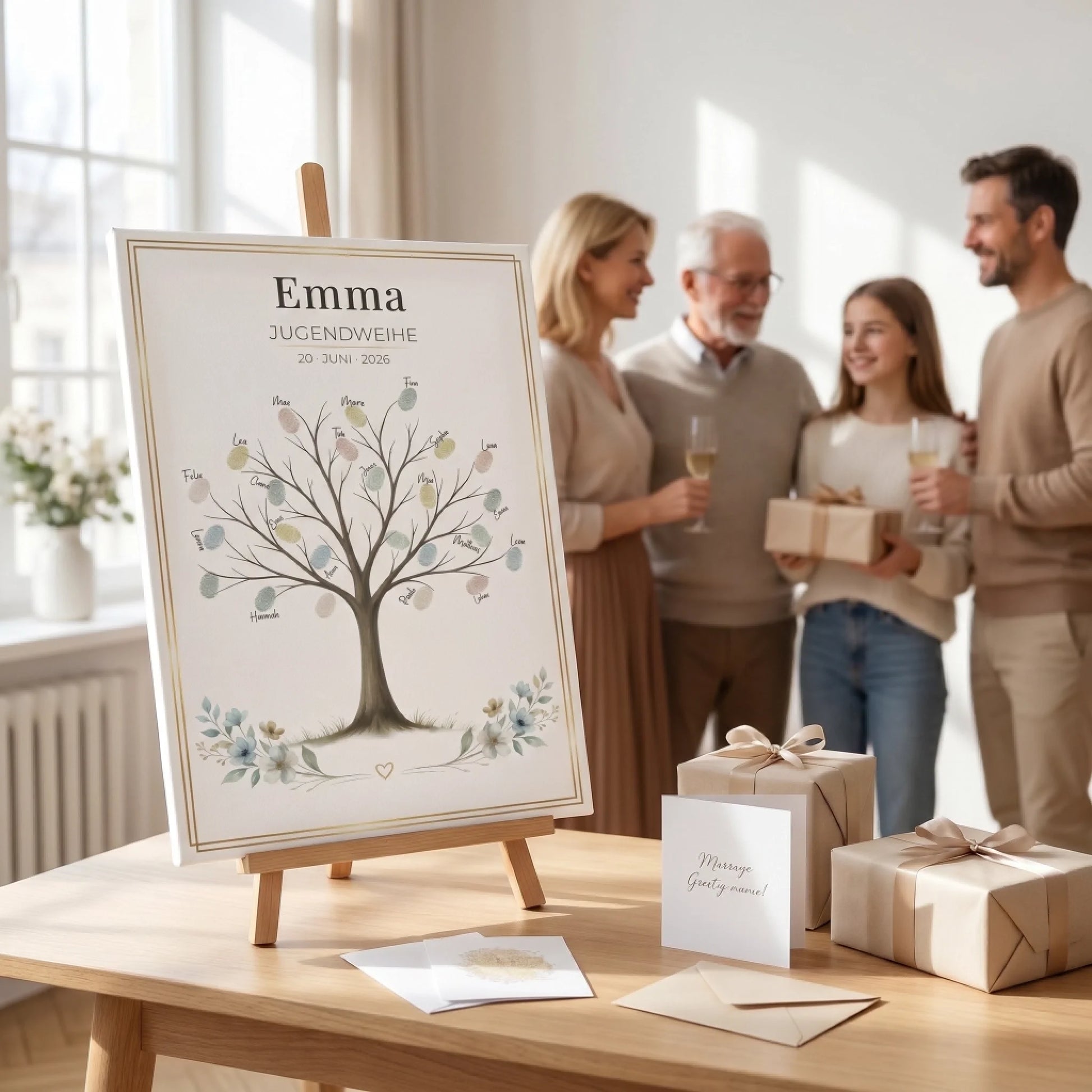 Personalisierte Gästebücher mit Namen und Datum auf Staffelei, während eine Familie Geschenke überreicht - Feed