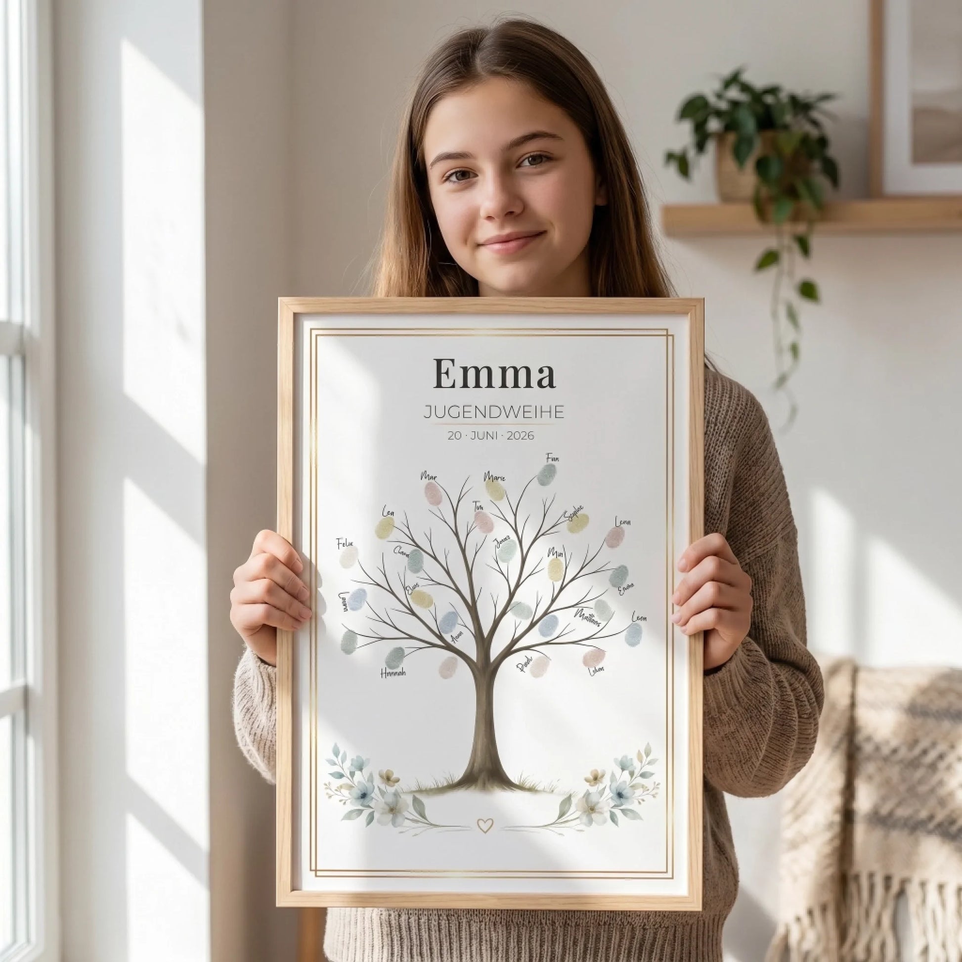 Personalisierte Poster mit Namen und Datum, Mädchen hält ein Gästebuch Leinwand mit Jugendweihe - Feed