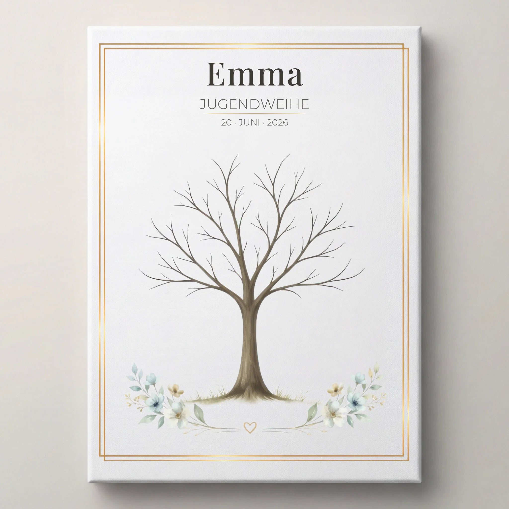 Personalisierte Poster mit Namen und Datum, Gästebuch Hochzeit, mit Baum und Blumen im Rahmen