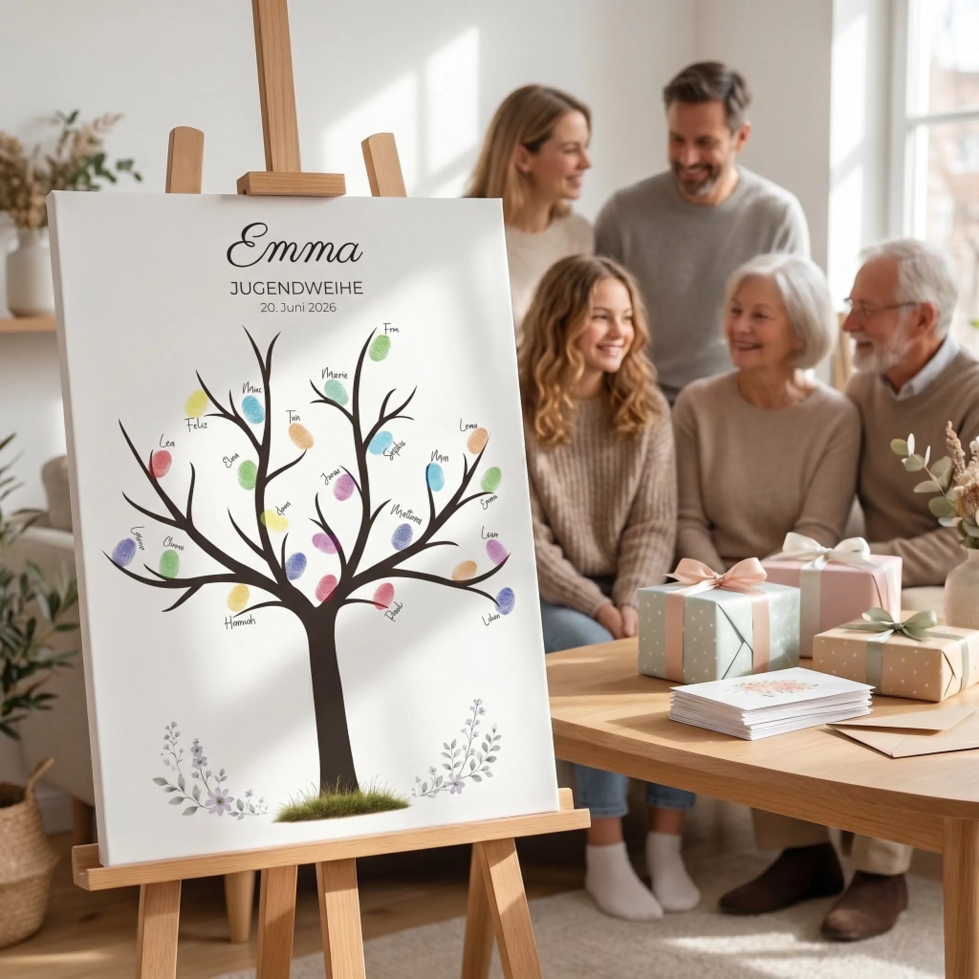 Gästebuch Hochzeit auf Staffelei mit Baum-Illustration und Namen, im Hintergrund Familie beim Feiern mit Geschenken - Feed