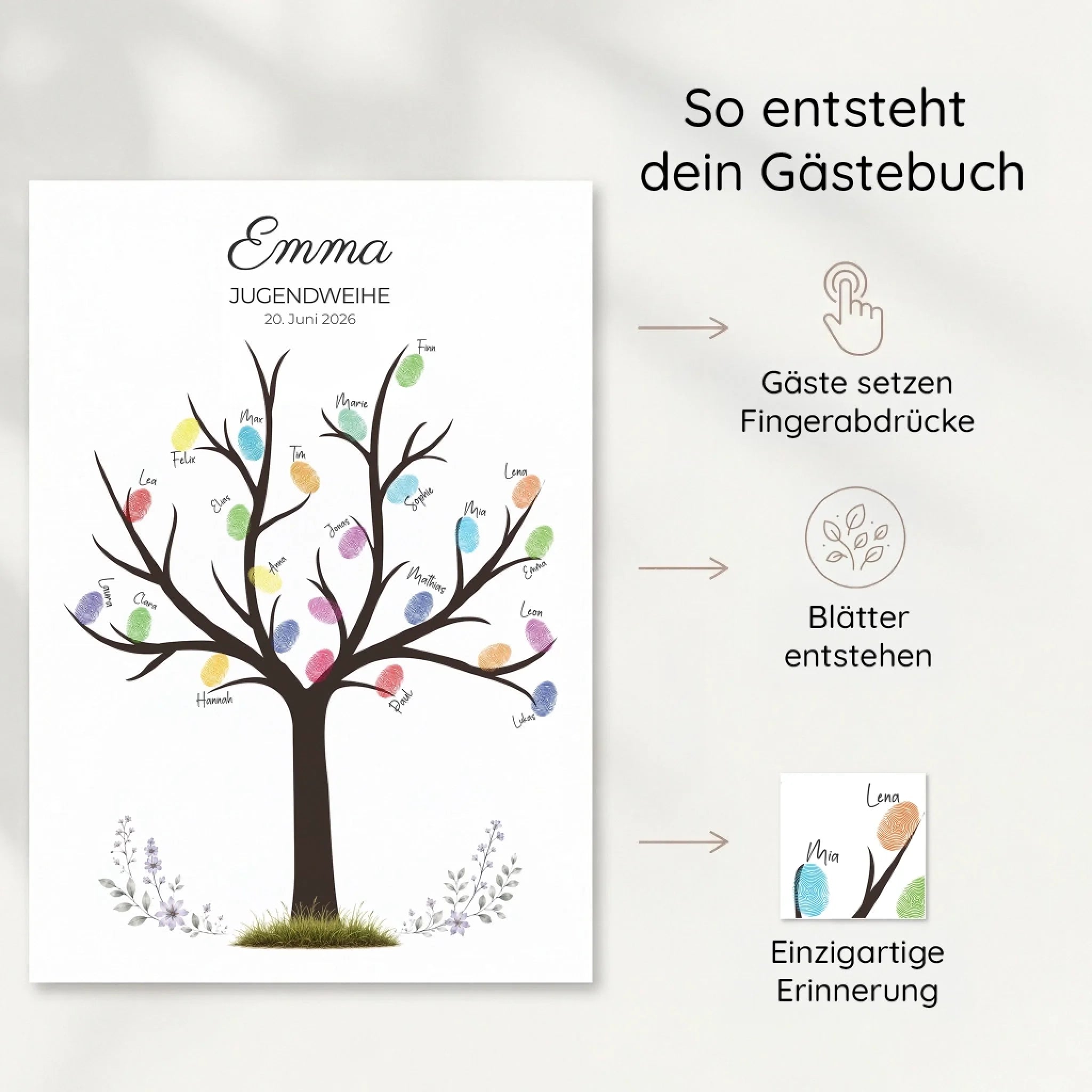Personalisierte Gästebücher mit Fingerabdruck Gästebuch, Baum mit bunten Abdrucken und Namen, Jugendweihe