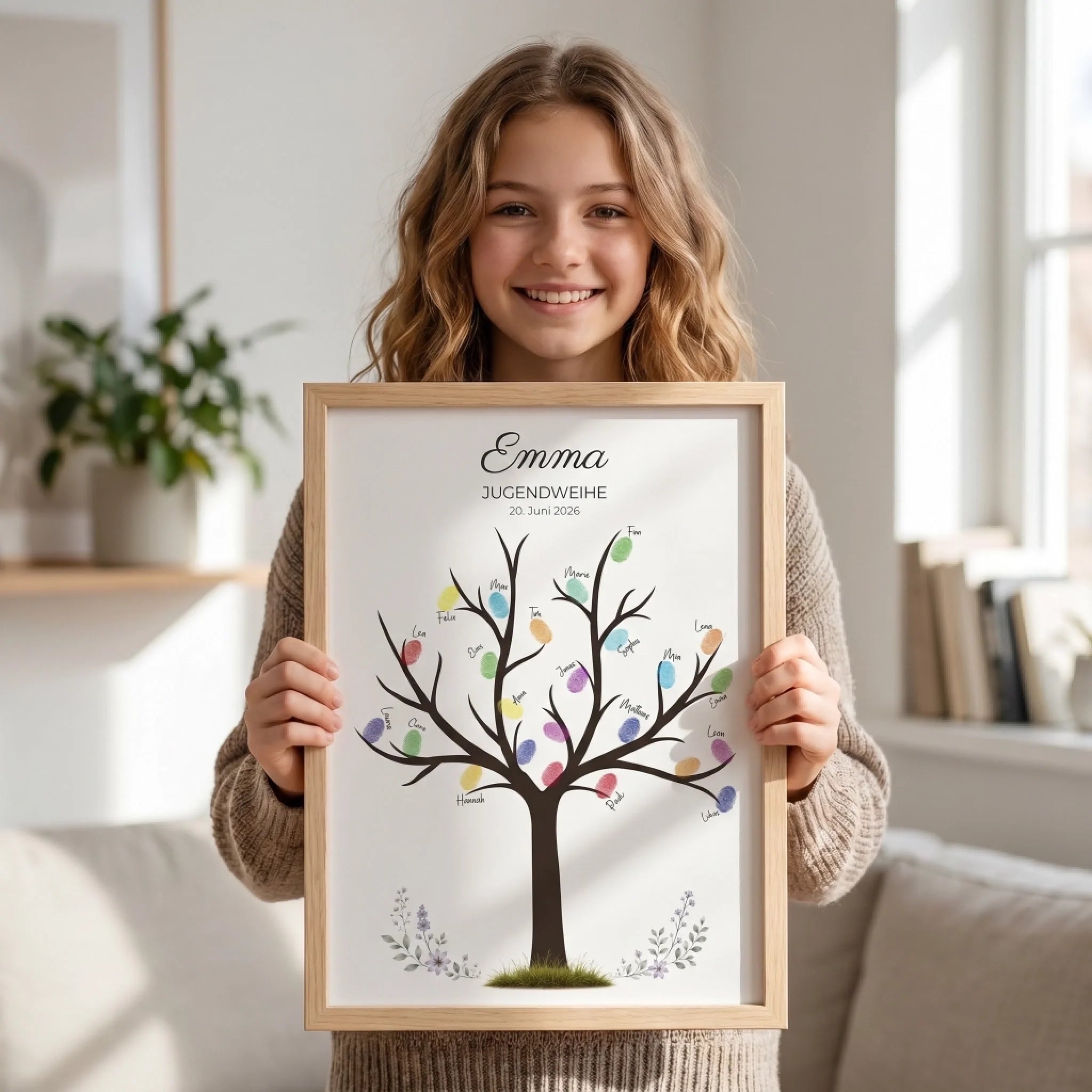 Personalisierte Poster mit Namen und Datum, ein Mädchen hält ein Gästebuch Hochzeit im Holzrahmen