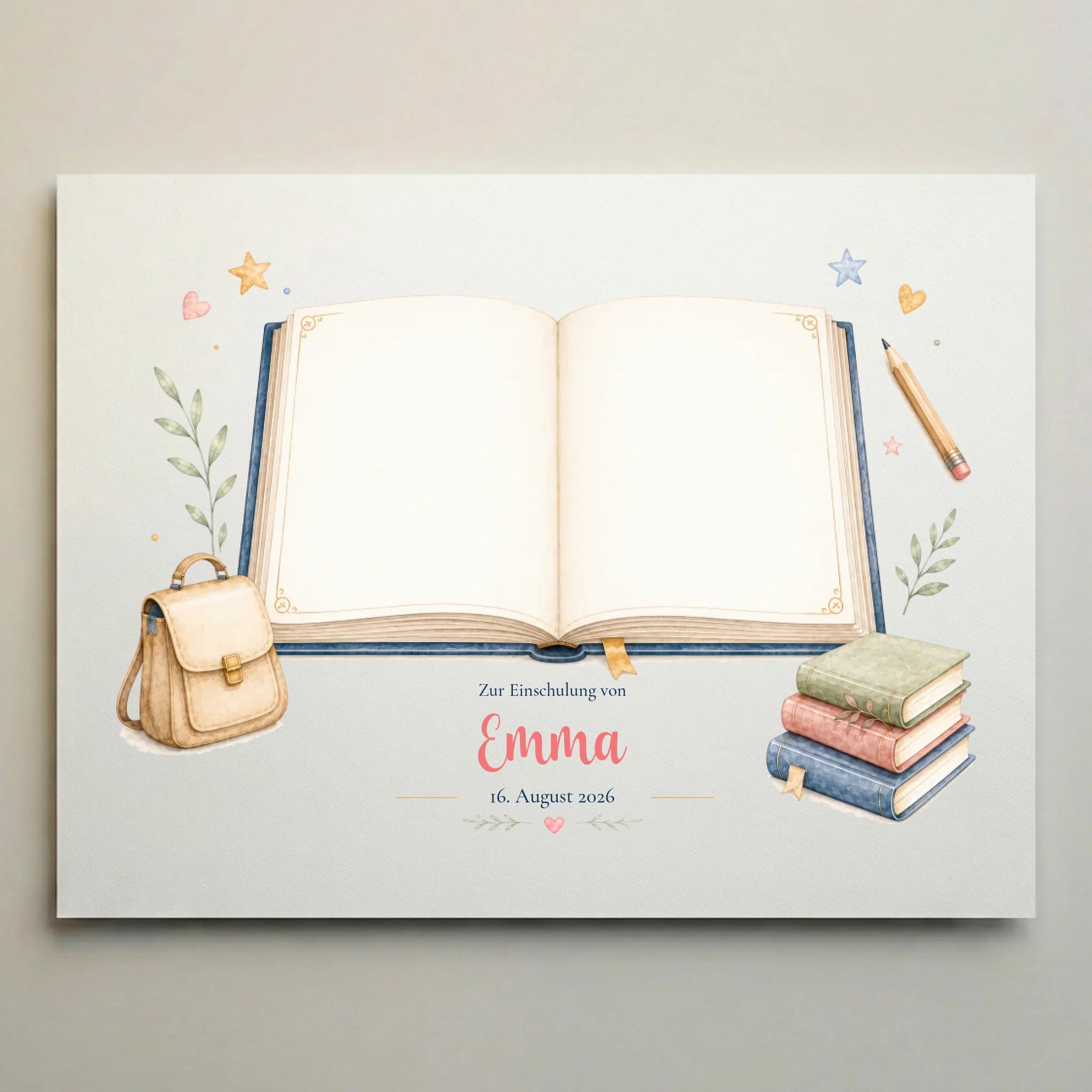 Gästebuch Leinwand mit offenem Buch Motiv, personalisierte Poster für die Einschulung, Fingerabdruck Gästebuch