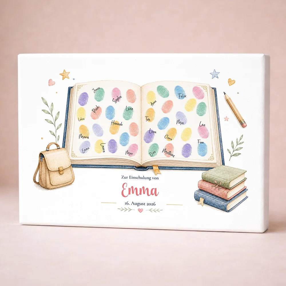 Personalisierte Gästebücher als Gästebuch Einschulung, offenes Buch mit Fingerabdruck und Namen auf Leinwand