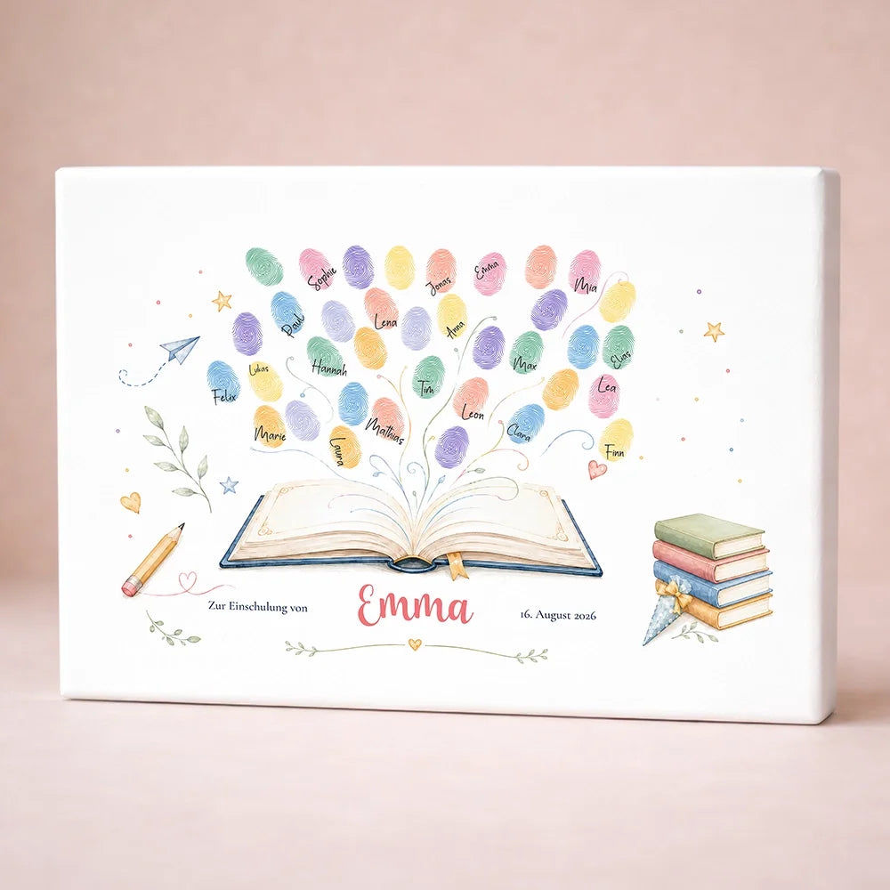 Personalisierte Poster mit Fingerabdruck Gästebuch Motiv zur Einschulung auf weißer Leinwand mit Buch und Sternen