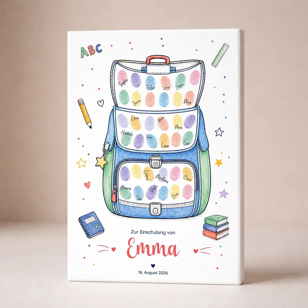 Schulranzen Poster ohne Rahmen mit bunten Fingerabdruck Namen und Datum, personalisierte Gästebücher zur Einschulung
