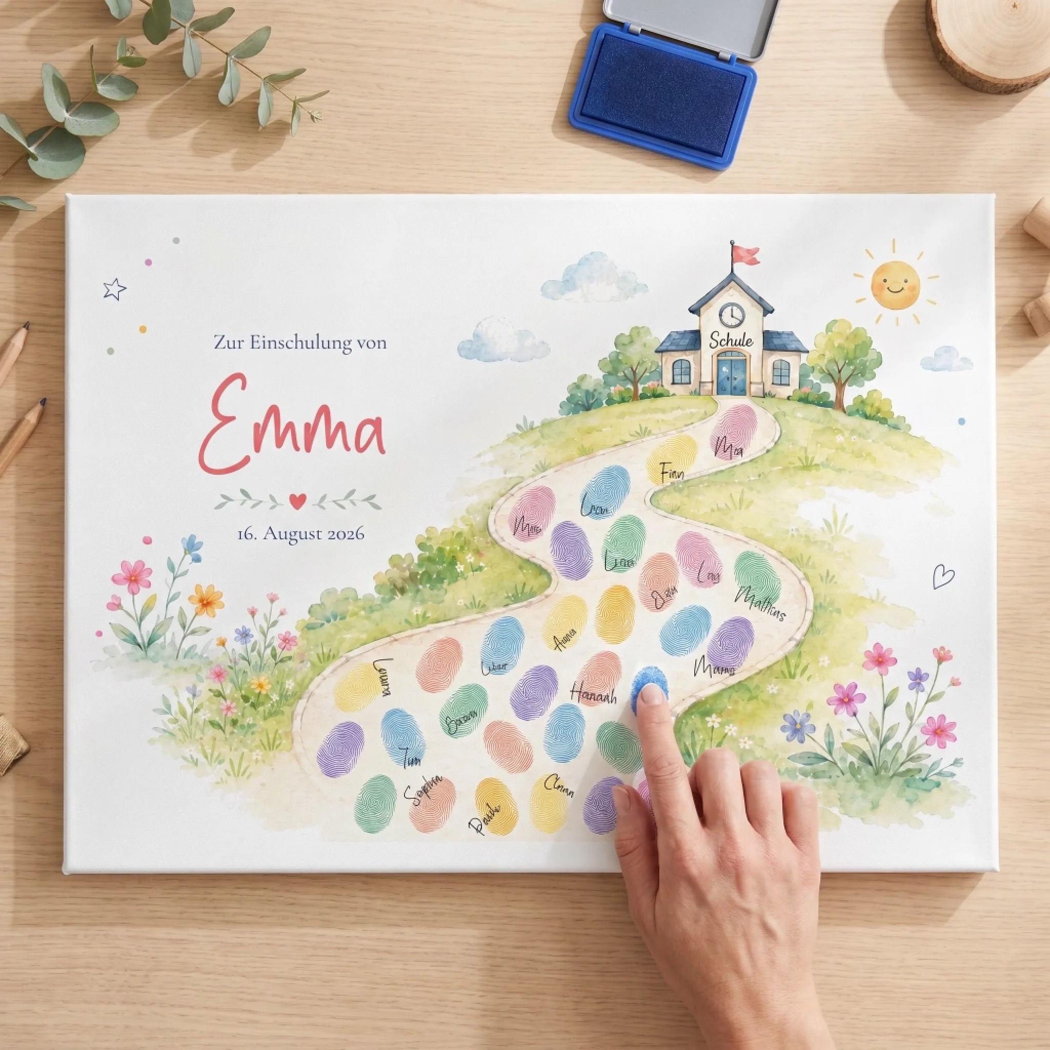 Personalisierte Poster für Einschulungsfeier mit Schule Motiv, Zur Einschulung von Emma und Datum 16. August 2026 Feed
