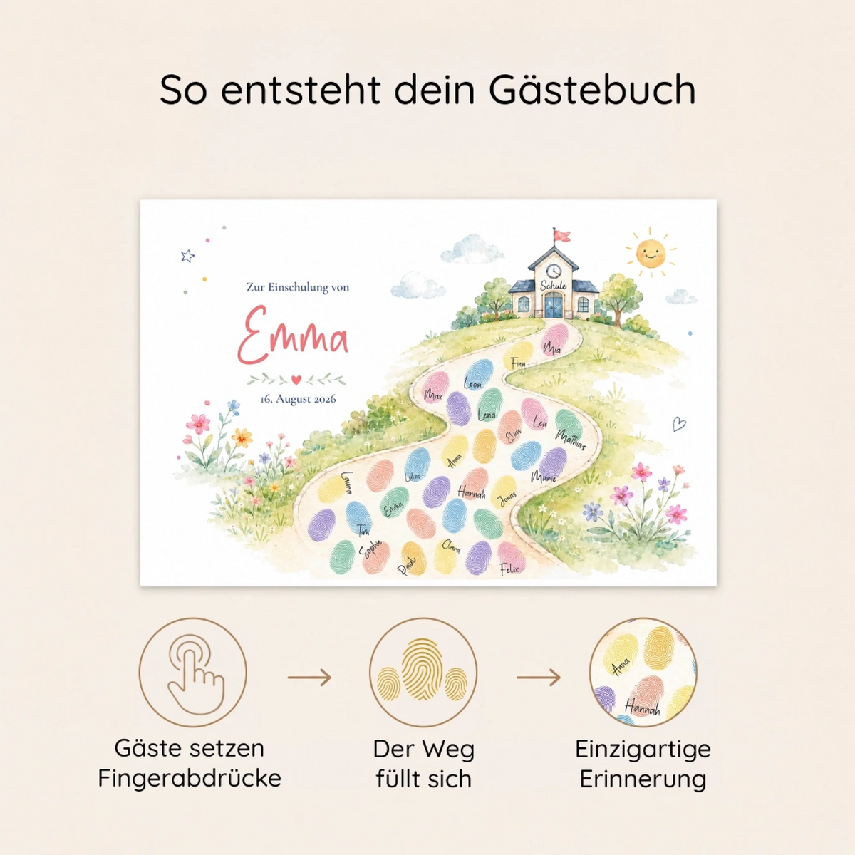 Gästebuch Einschulung mit personalisierter Gestaltung, Name Emma, Schule und Datum