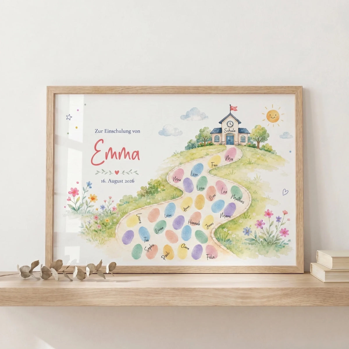 Gästebuch Einschulung im Holzrahmen mit Name Emma, Datum und bunten Fußabdrücken - Feed