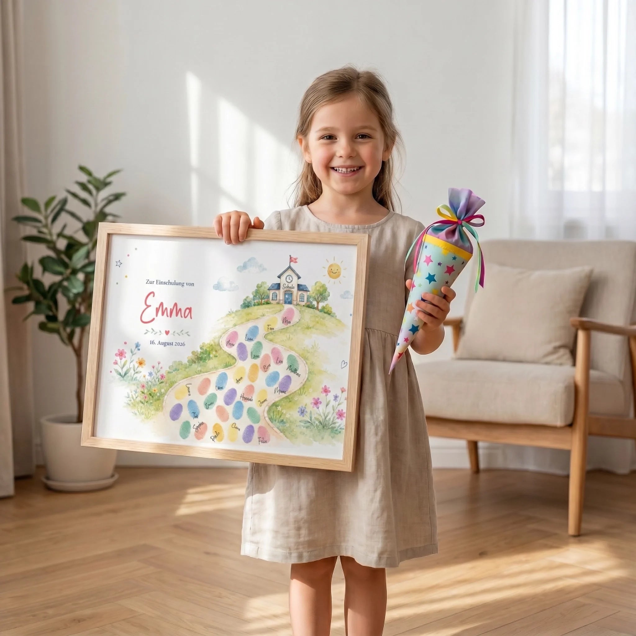 Personalisierte Gästebücher für Einschulung mit Fingerabdruck-Design und Schulweg-Motiv auf Leinwand
